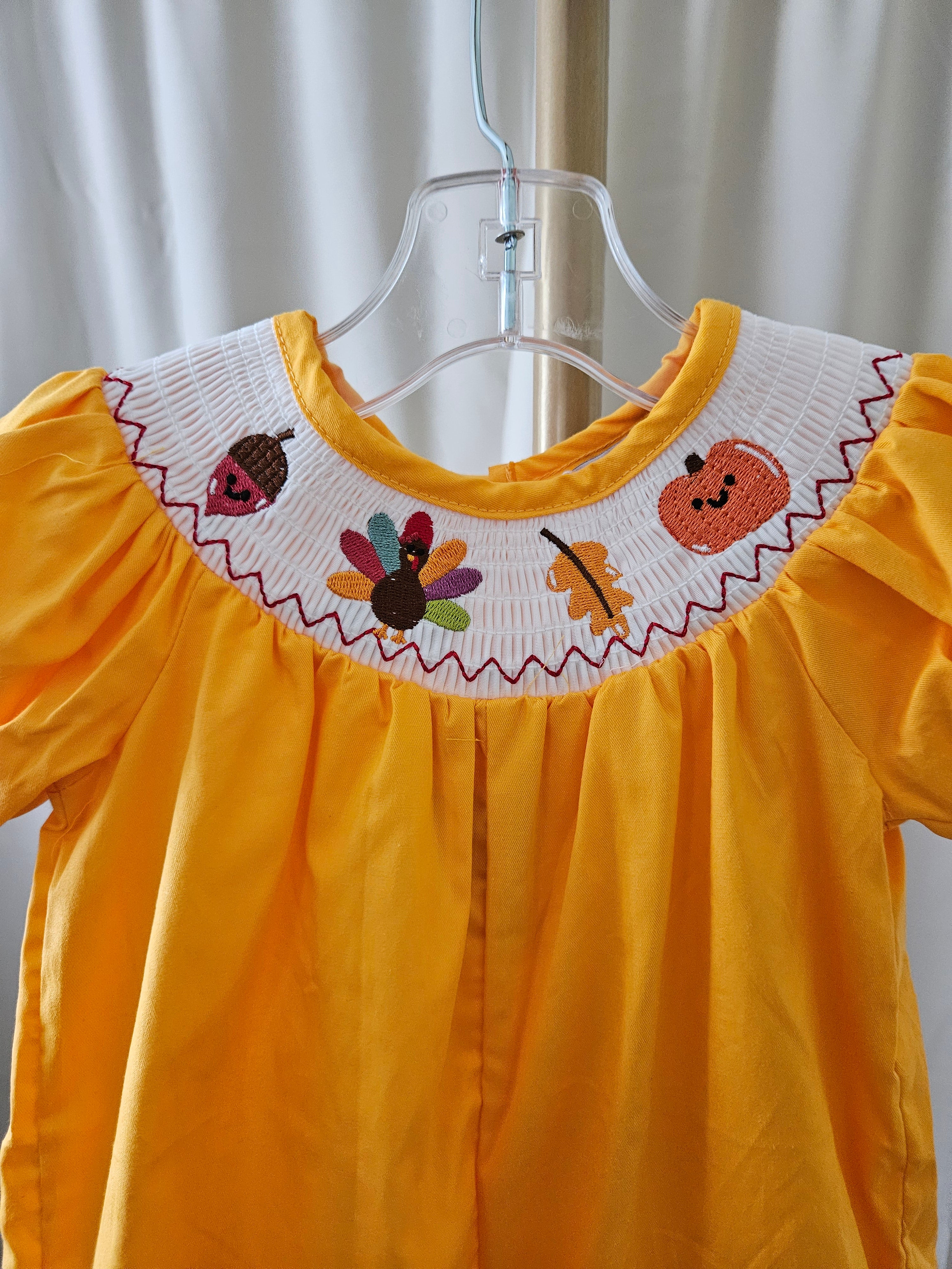Rylee Faith Designs Smocked Fall Pumpkin Romper | Sizes 3M, 6M, 12M & 18M