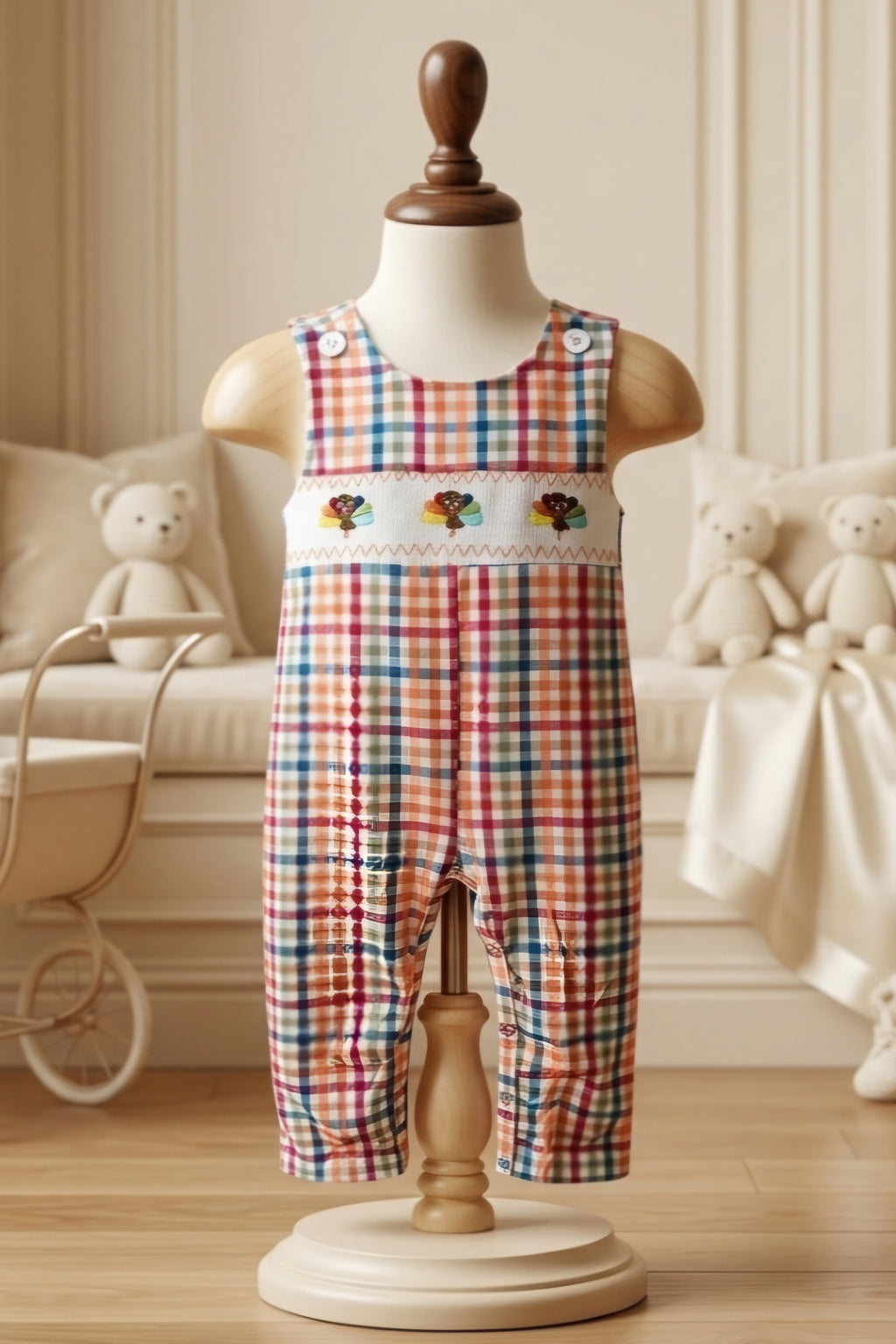 Fall Plaid Turkey Smocked Jon Jon by Rylee Faith Designs – Sizes 3M, 6M, 12M, 18M