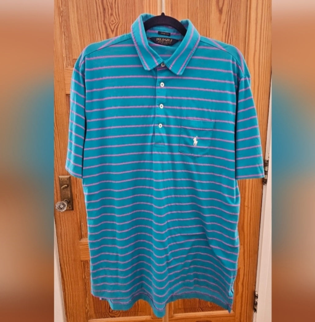 Polo Golf Ralph Lauren Teal Blue and Pink Striped Polo Shirt Size Large