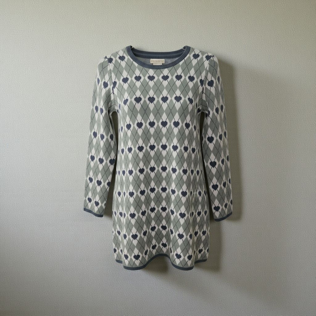 NWT Cynthia Rowley Girl's Green and Blue Heart Pattern Sweater Dress Sz 7/8