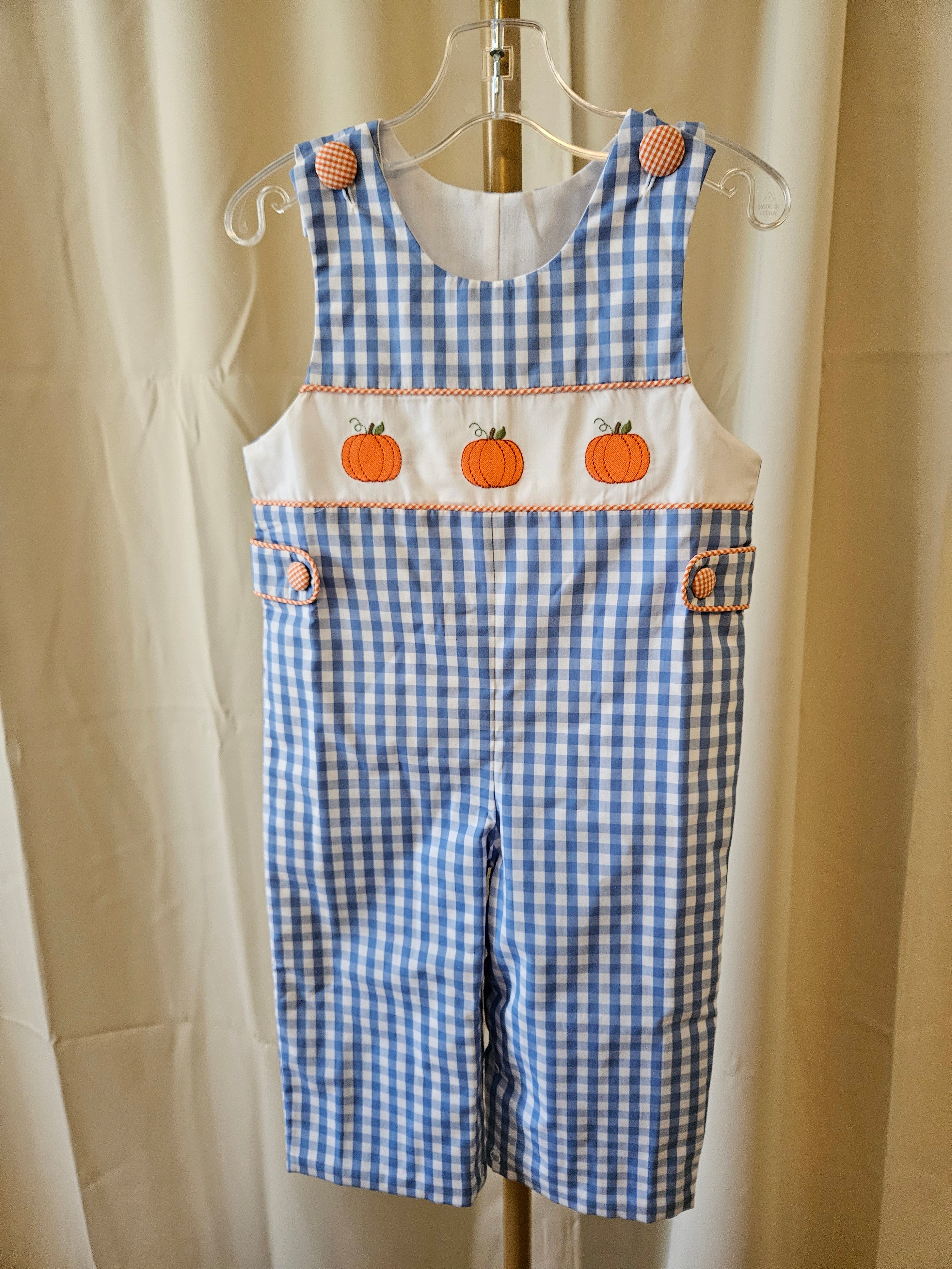 Banana Split Pumpkin Embroidered Blue & White Check Jon Jon NWT Size 18M 🎃