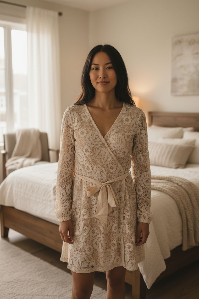 Apricot Crochet Lace Belted V-Neck Wrap Mini Dress Size Small.