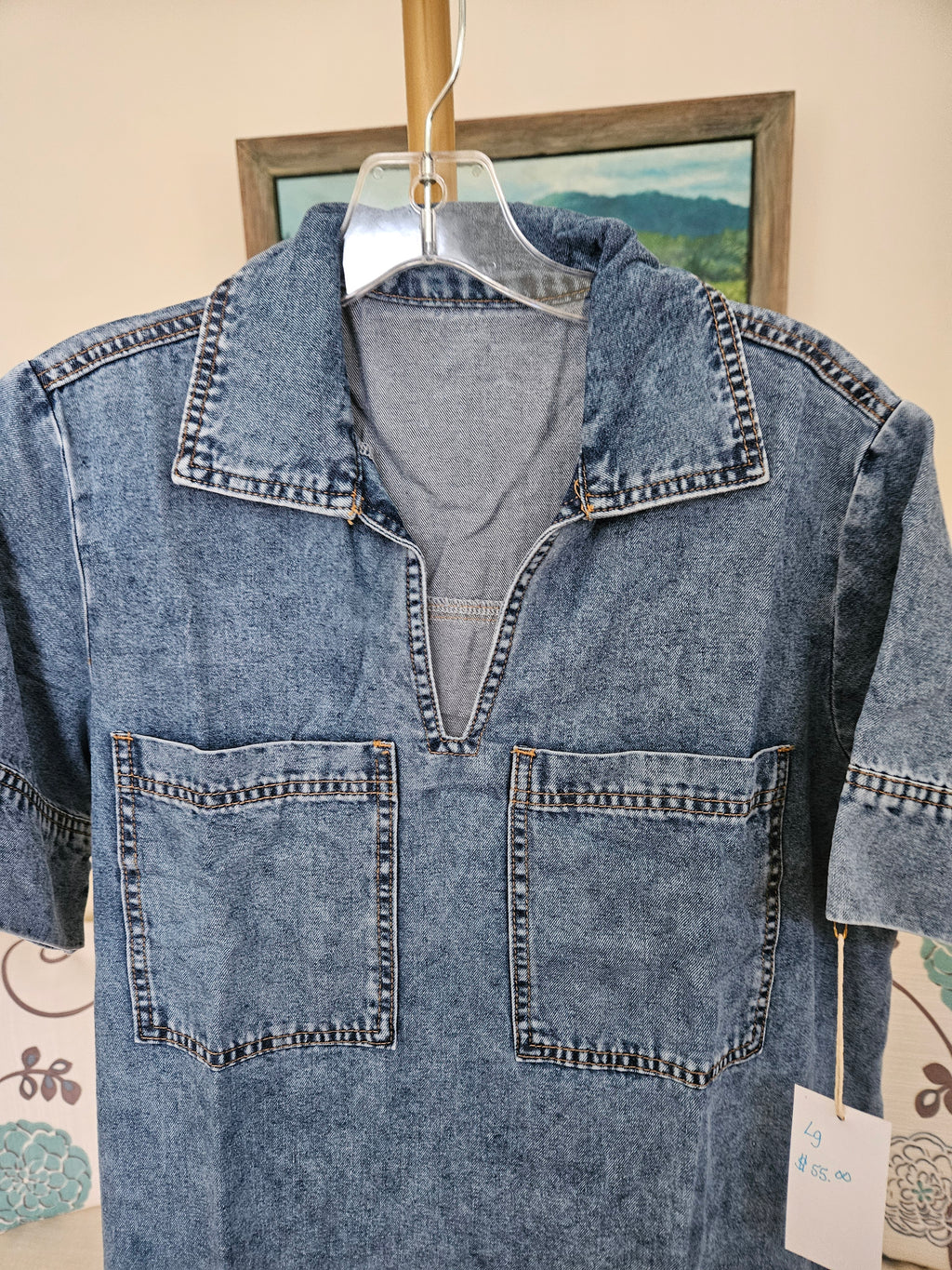 Lovesoft Turn-Down Collar Denim Shift Mini Dress With Pockets Sz Lg