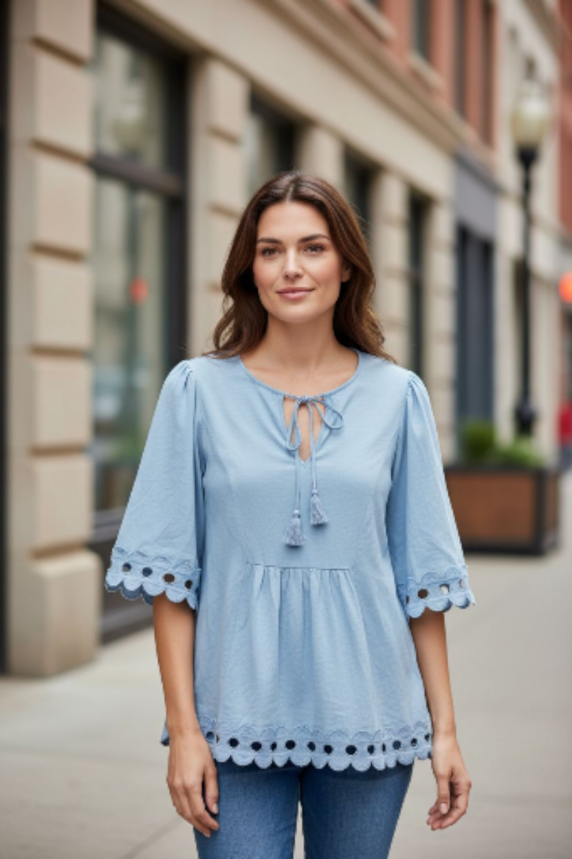 Boden Ayla Flounce Tie Front Top with Lace Trim Size 8