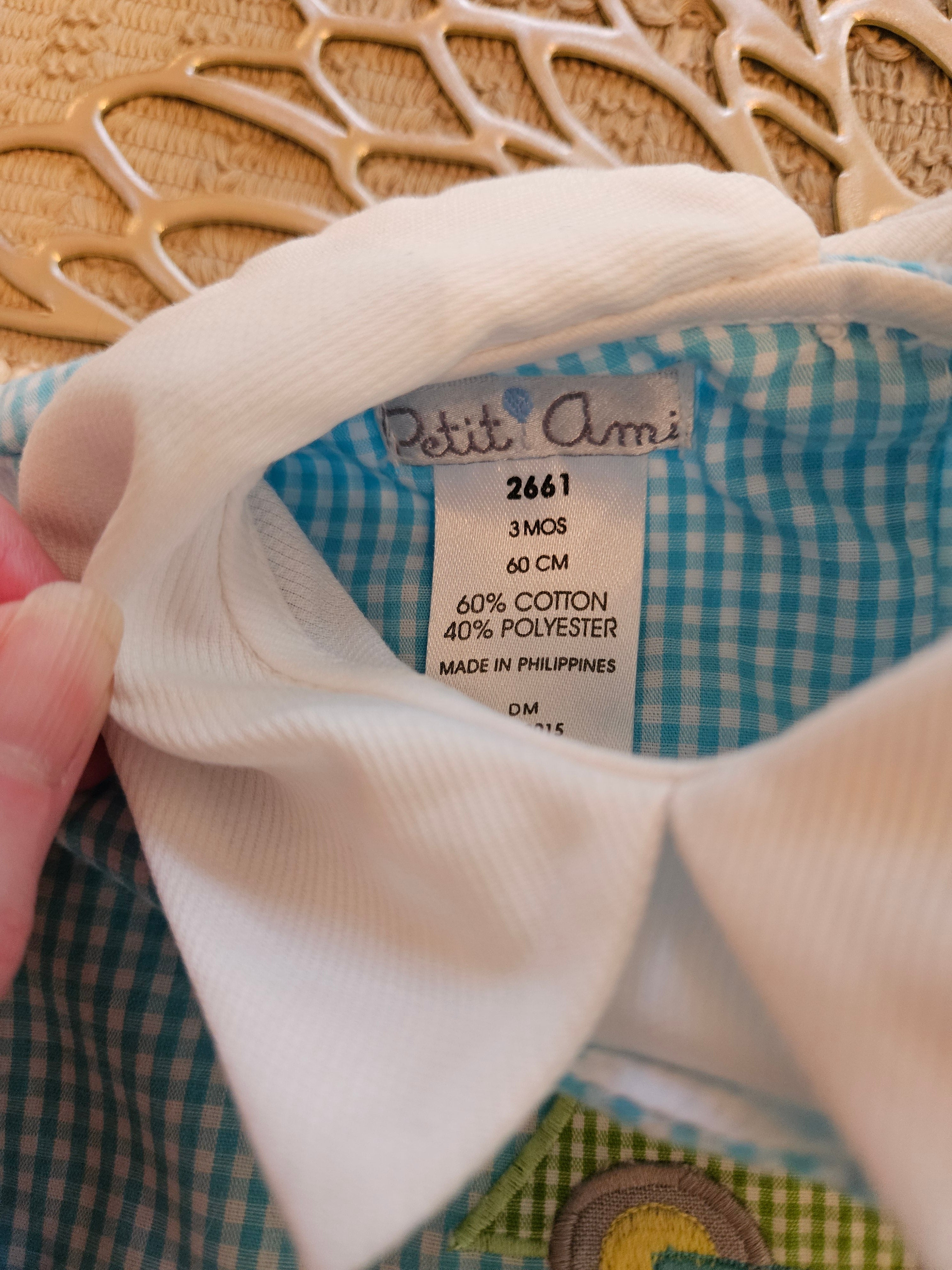 Petit Ami Blue Gingham Tractor Romper Sz 3M