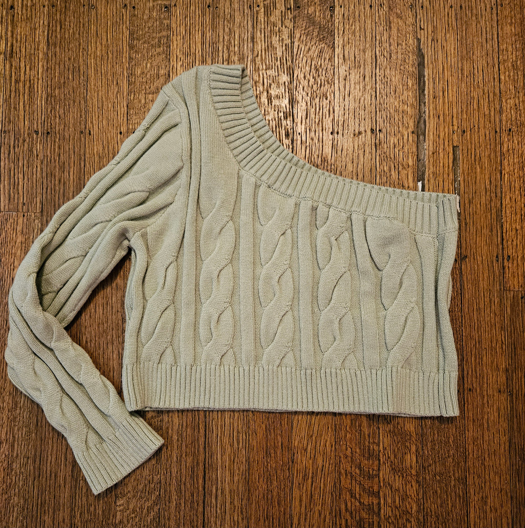Le Lis  Stylish Off-the-Shoulder Cable Knit Sweater - Sage Sz M