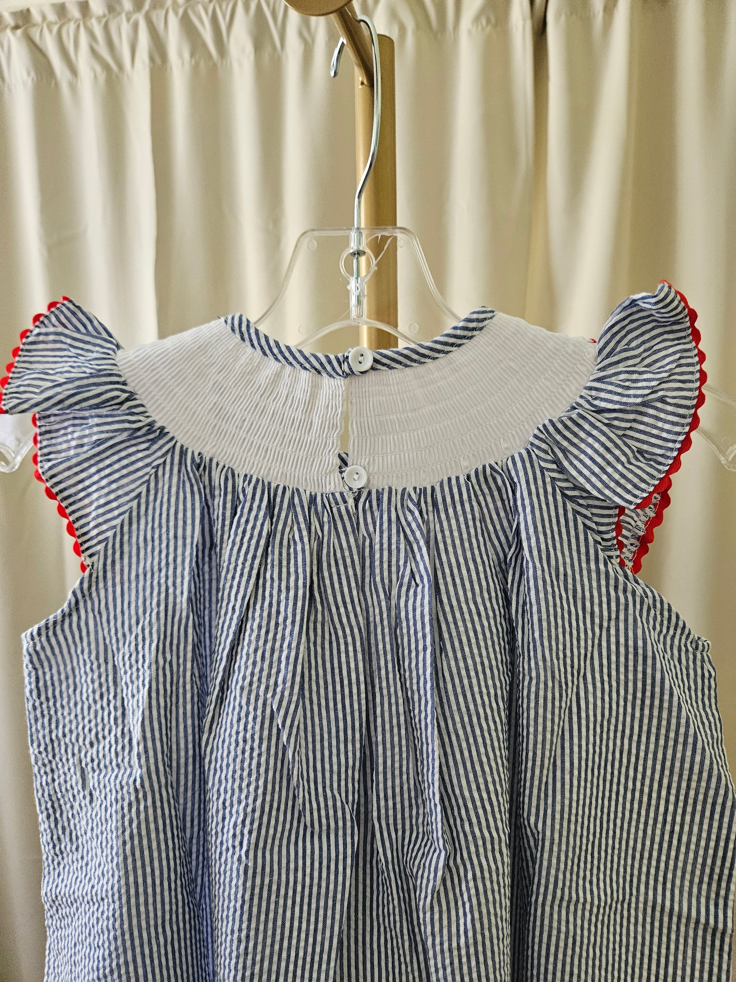 Lil Cactus Blue & White Seersucker Smocked Baseball Dress