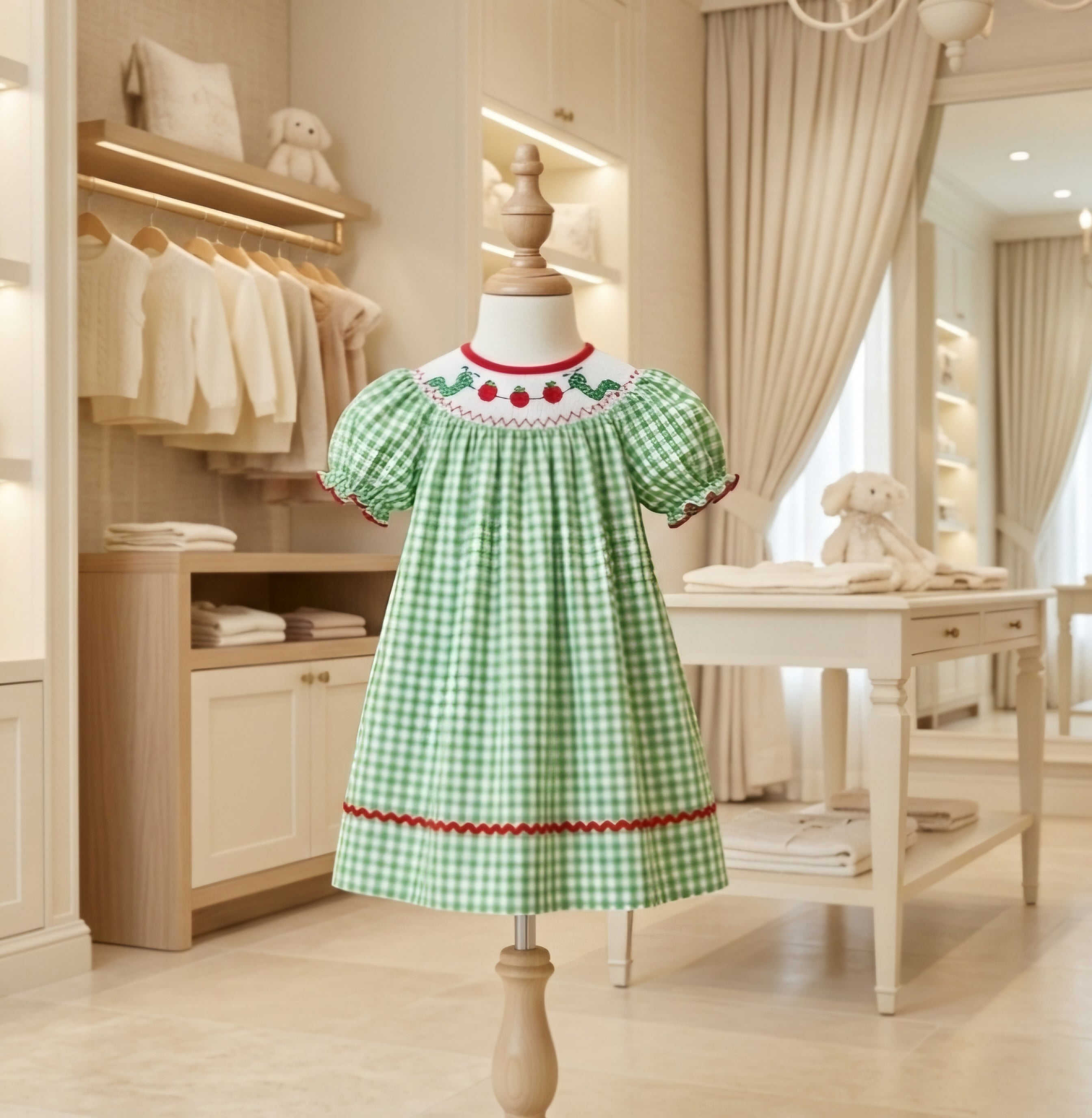 Rylee Faith Designs Smocked Bookworm Bishop Dress Green Gingham Girls