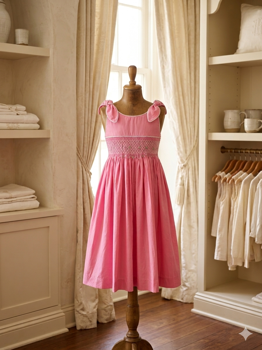 Mom & Me Hot Pink Geometric Smocked Dress w/ Roses Tie Shoulder Boutique