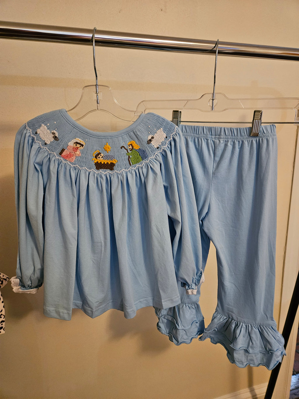 Smocked Honey 2pc Hand Smocked Nativity Ruffle Pants Set Sz 3