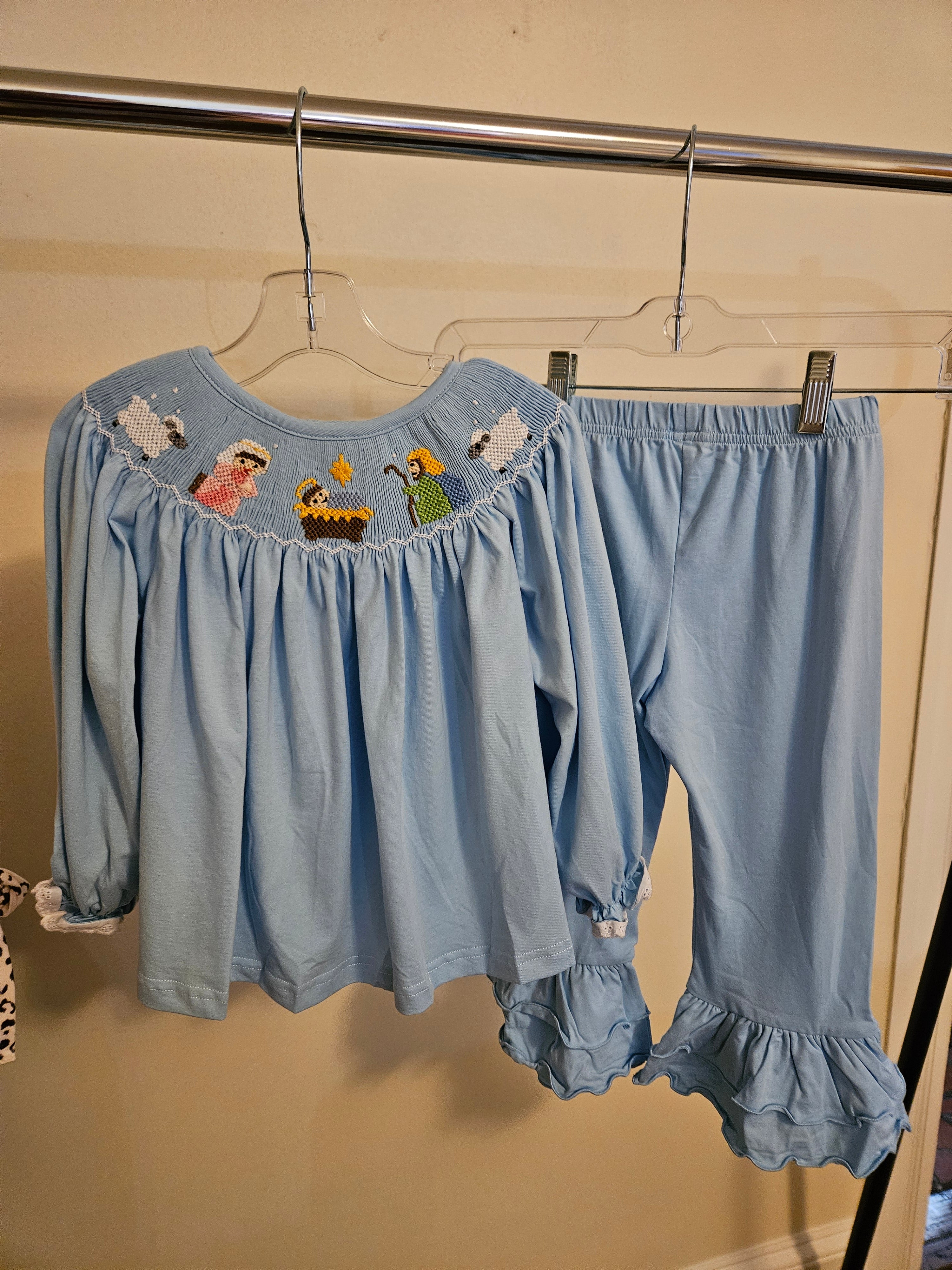Smocked Honey 2pc Hand Smocked Nativity Ruffle Pants Set Sz 3