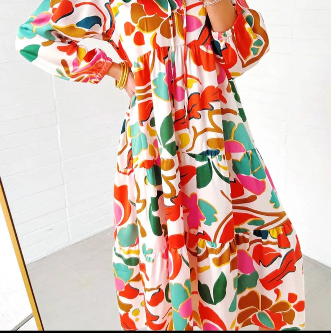 Lovesoft Orange Floral Print Split Vneck Tiered Maxi Dress