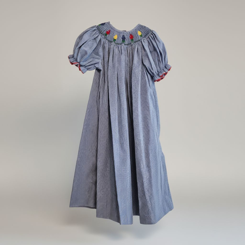 Amanda Remembered Blue & White Smocked Kids Dress with Christmas Lights. Sz 5