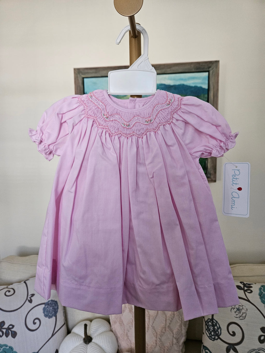 Petit Ami Pink Bishop Zig Zag Smocked Baby Heirloom Dress