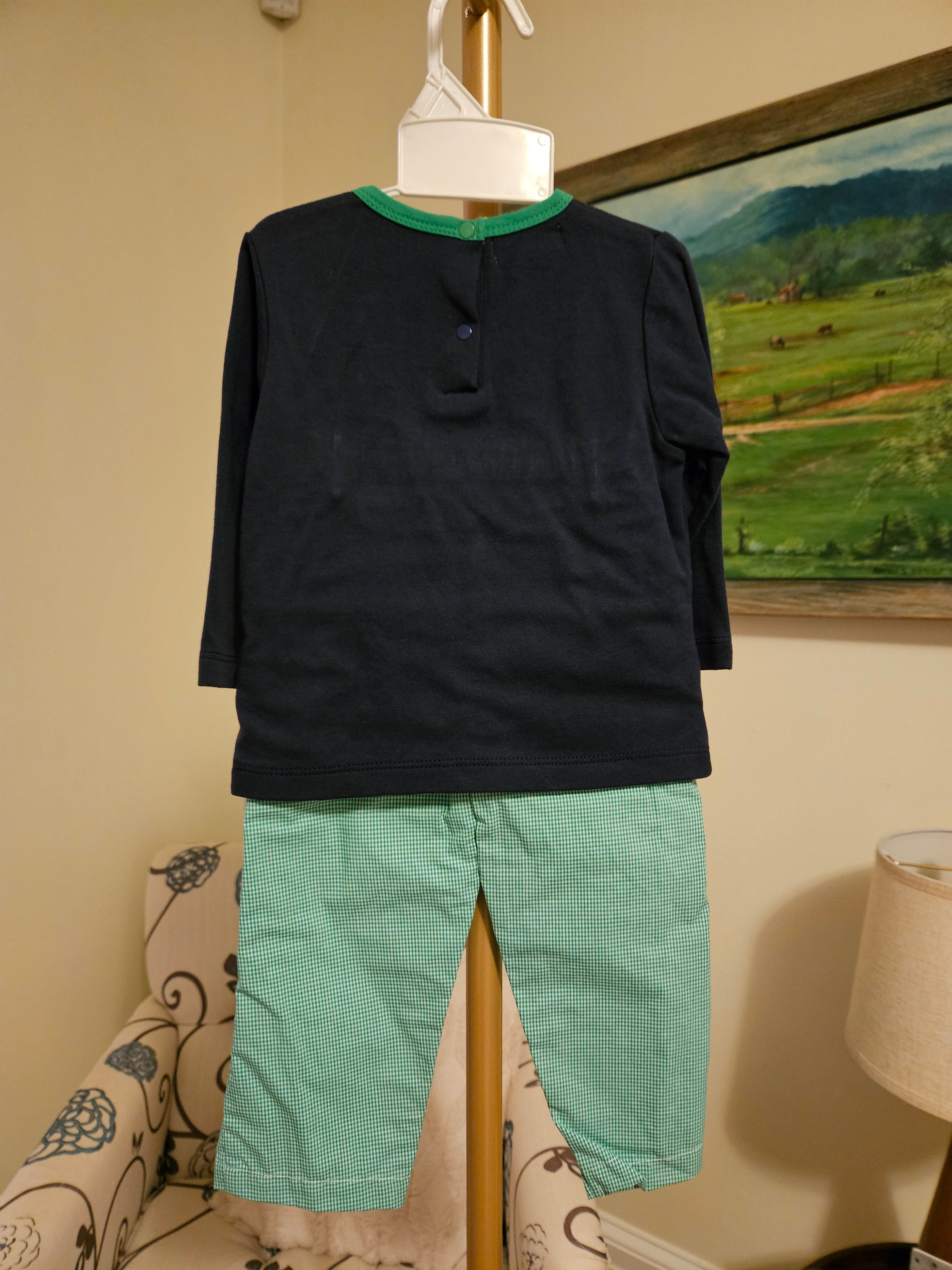 Petit Ami Navy and Green Tractor Applique Top & Pant Set