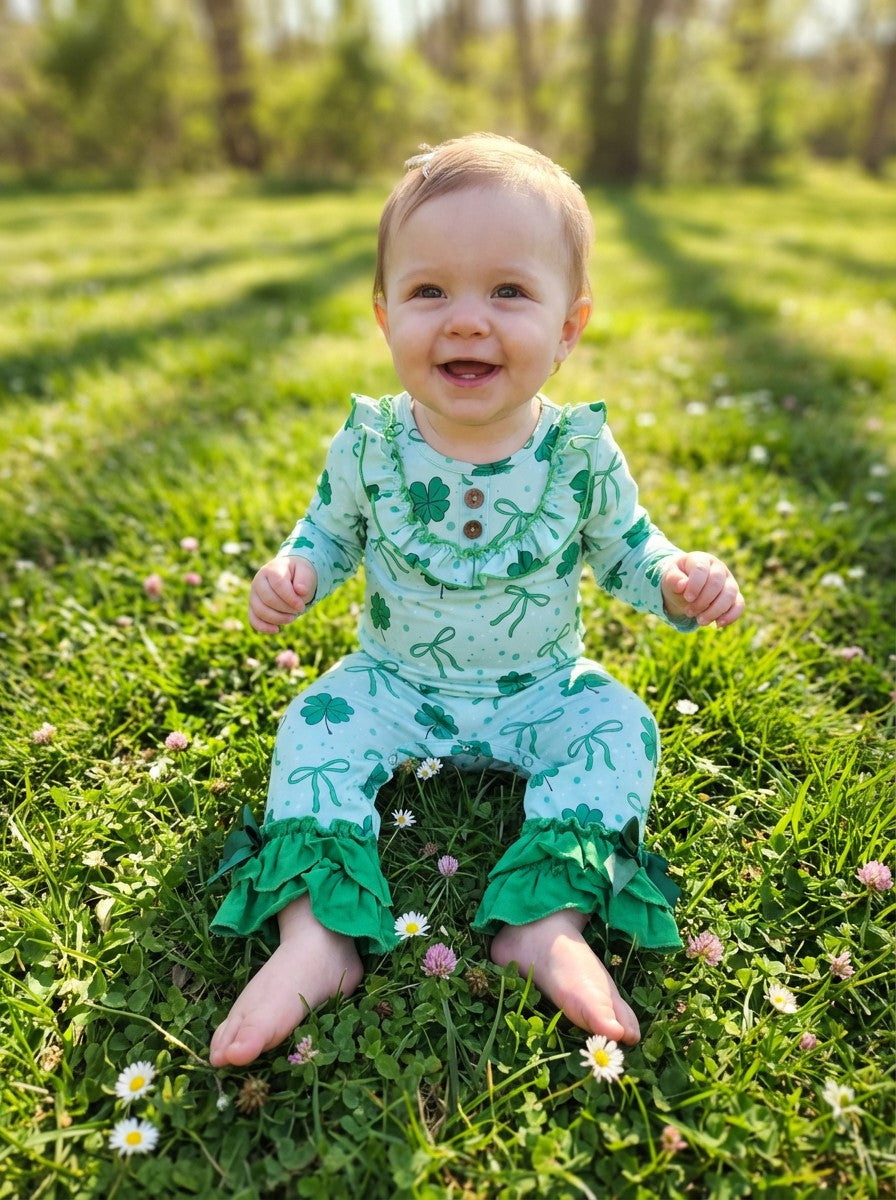 Auraquise Green Shamrock Romper with Ruffle Details