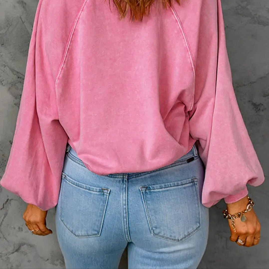 Lovesoft Washed Snap Buttons Lantern Sleeve Pullover Sweatshirt Sz Sm