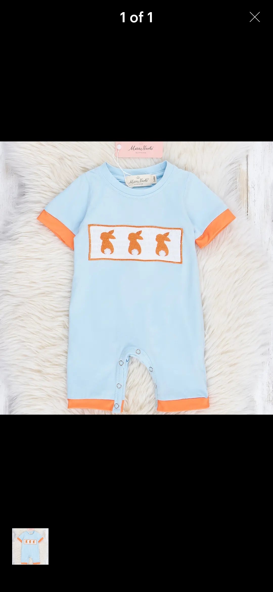 Marie Nicole Baby Blue & Orange Smocked Bunny Romper Sz 6-12M