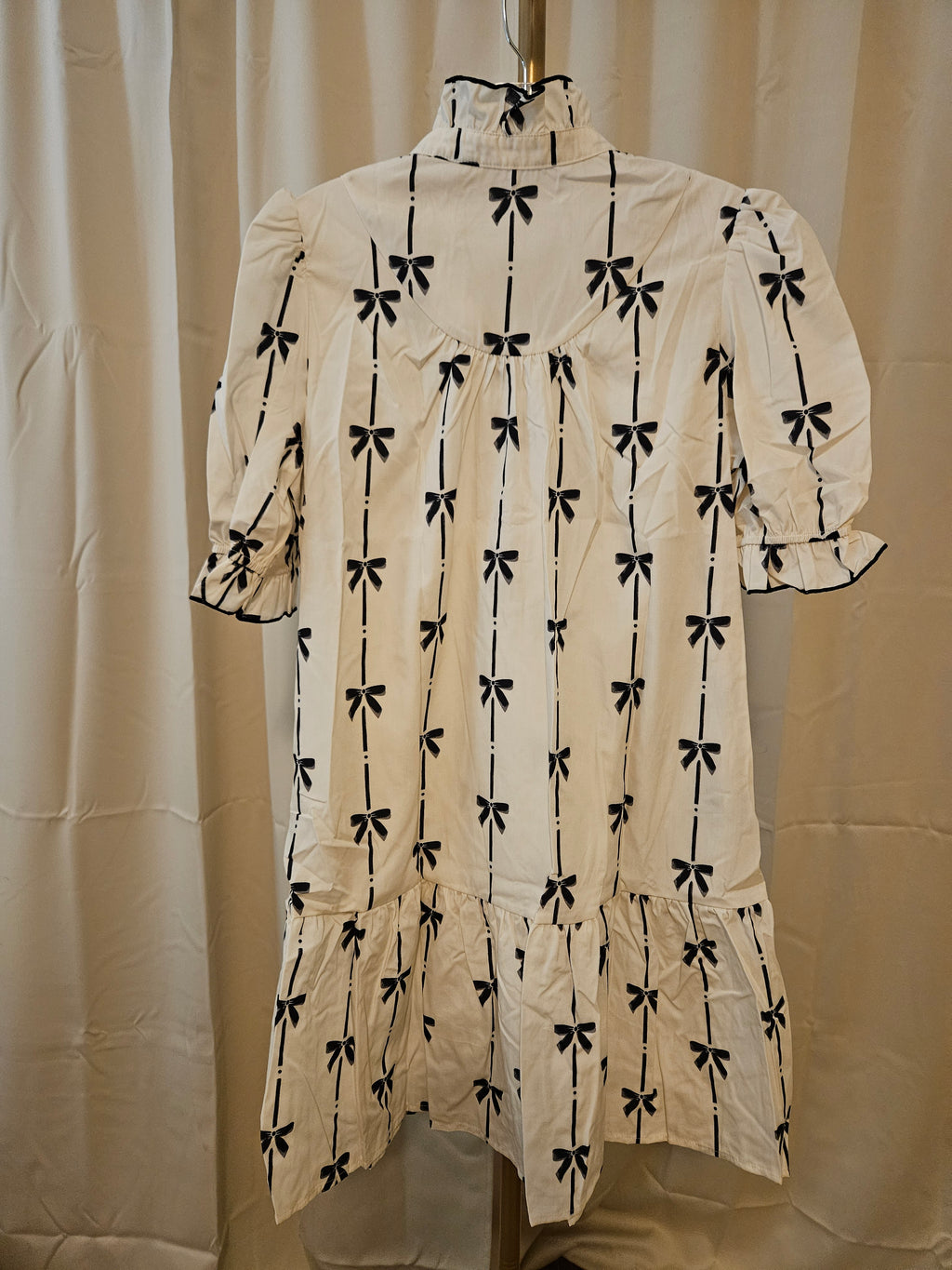 Live Fashion Way Bowknot Printed Bubble Sleeve Vneck Dress