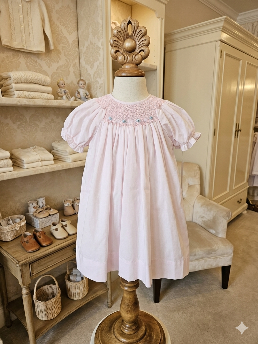 Petit Ami Pink Smocked Heirloom Day Gown + Bonnet Set