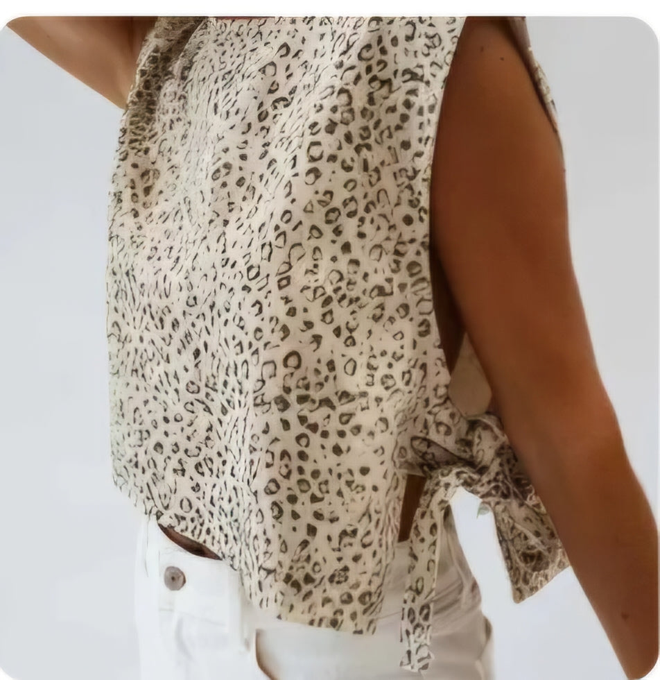 Lovesoft Apricot Leopard Print Knot Side Twill Vest