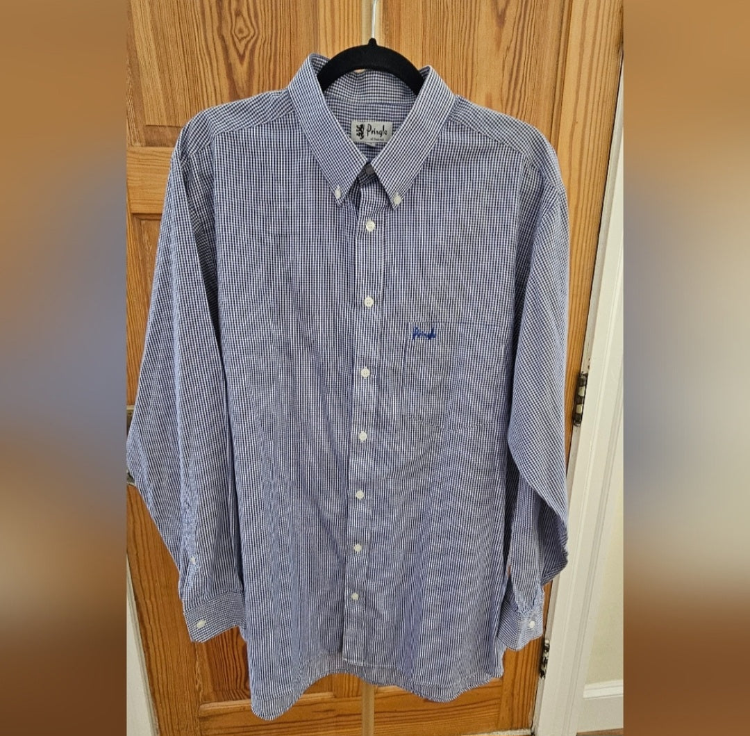 Pringle of Scotland Blue & White Gingham Longsleeve Button Down Size XL