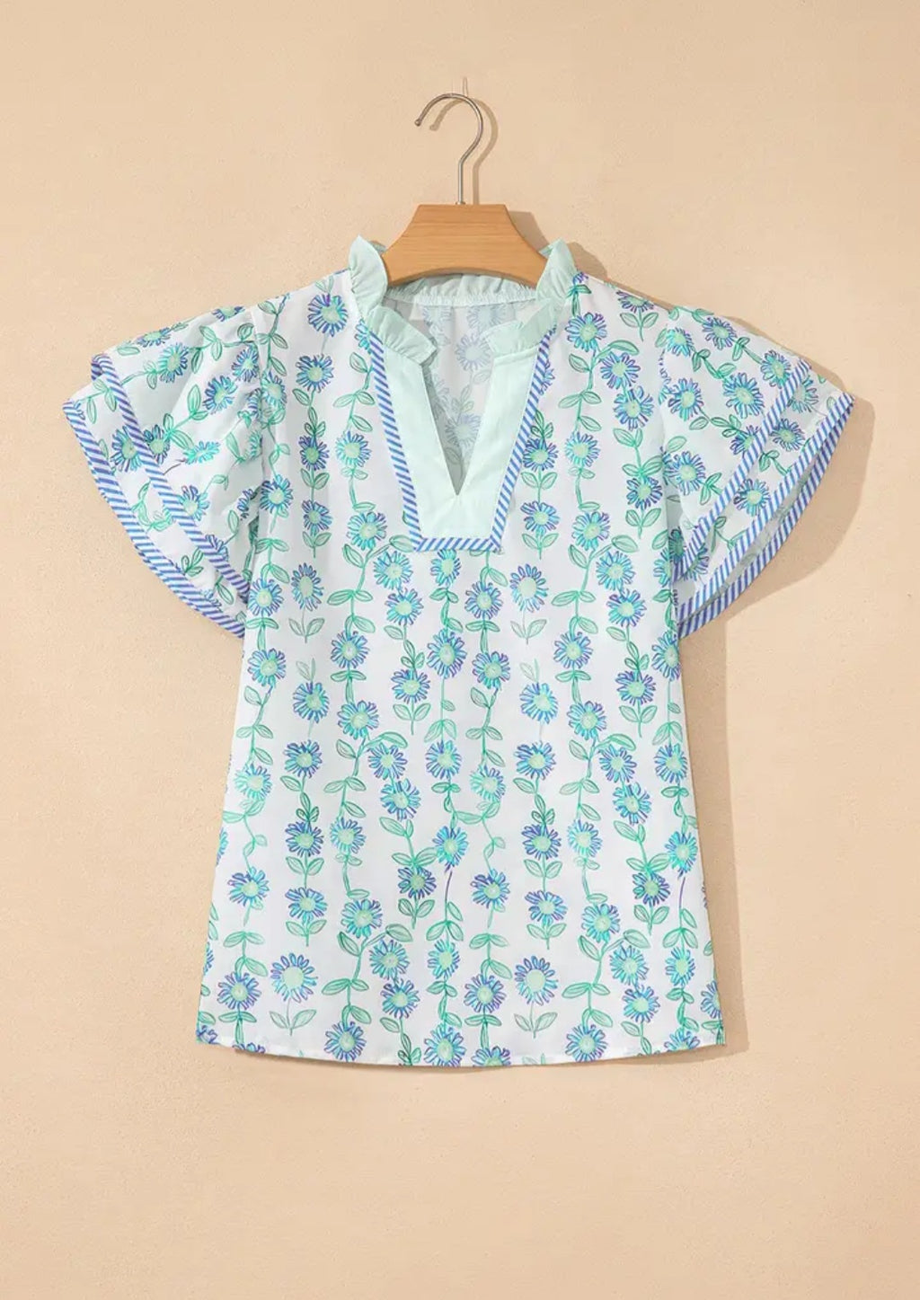 Lovesoft Green Floral Print Patchwork Flutter Sleeve Blouse