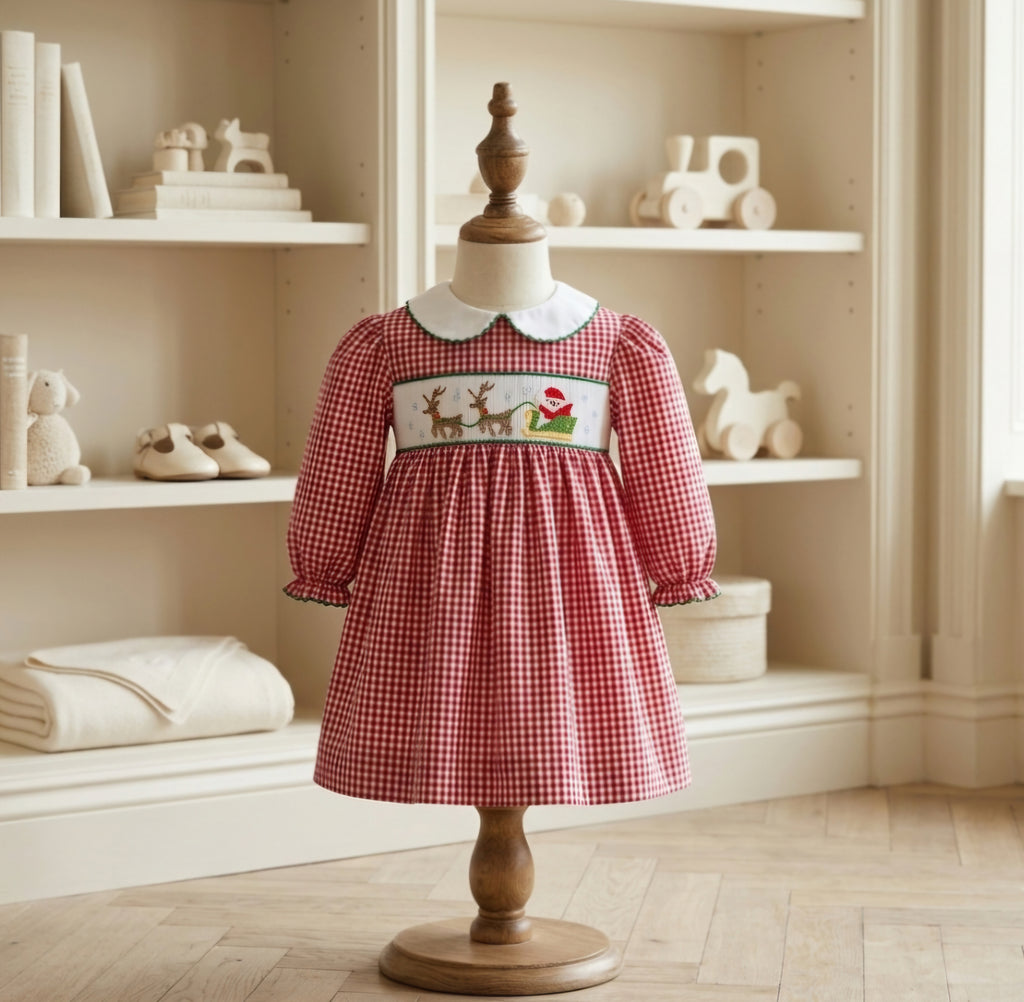 Petit Ami Smocked Santa & Reindeer Holiday Dress with Bloomers | Sizes 3M, 6M & 24M