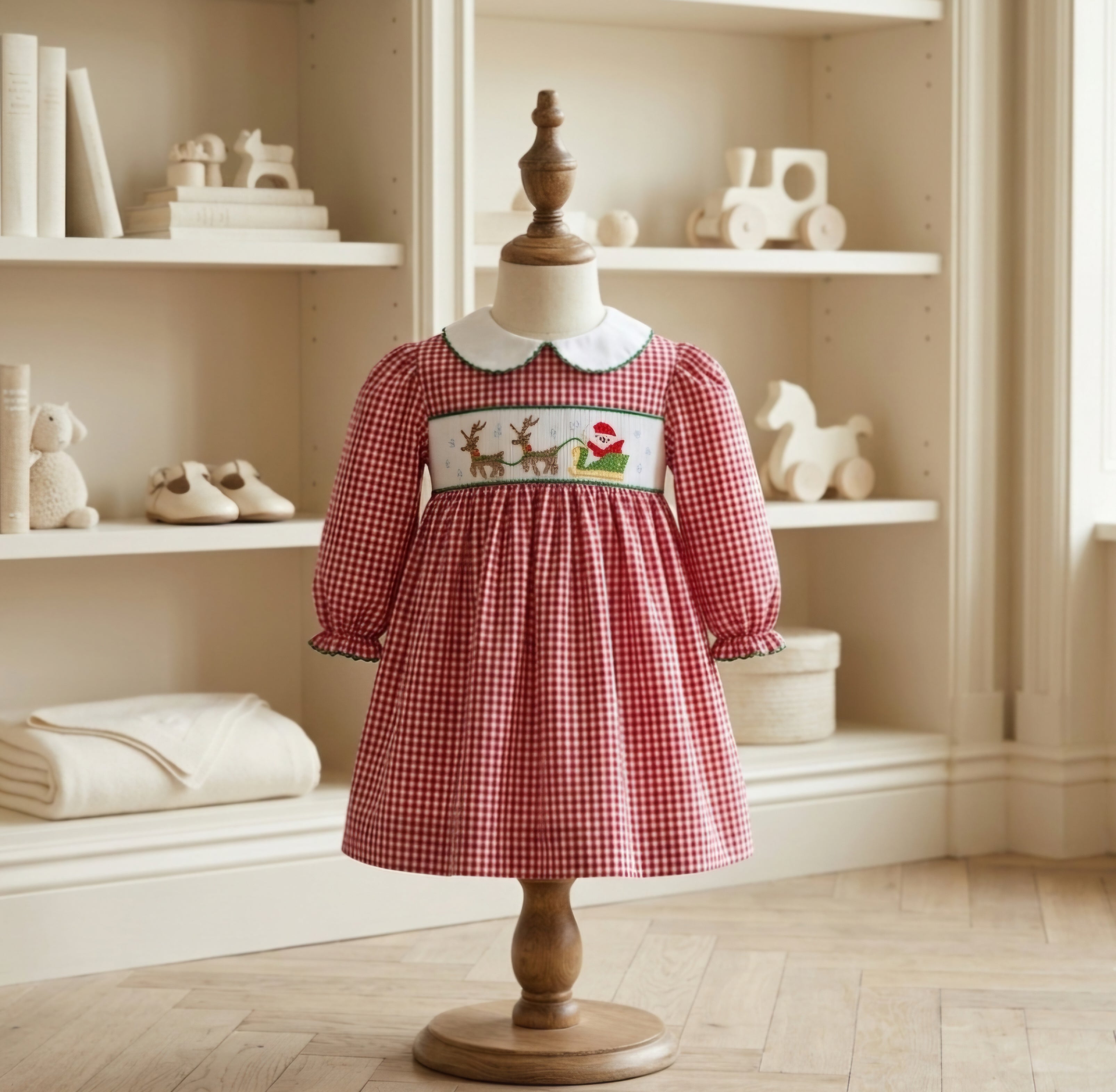 Petit Ami Smocked Santa & Reindeer Holiday Dress with Bloomers | Sizes 3M, 6M & 24M