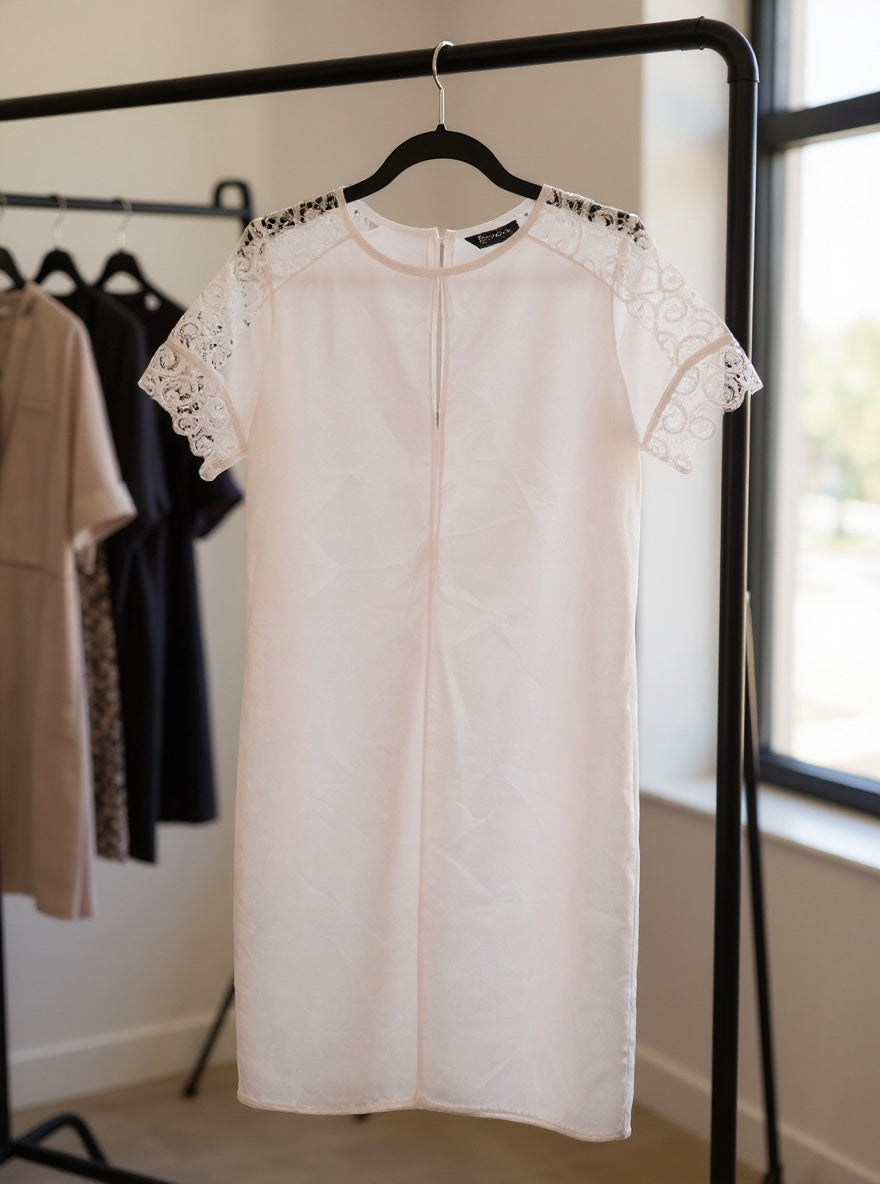 Zara White Lace Sleeve Dress with Zipper Back Size Large