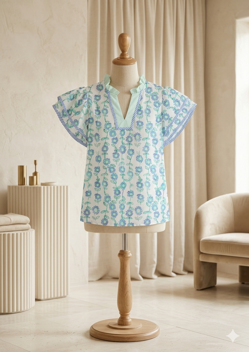 Lovesoft Green Floral Print Patchwork Flutter Sleeve Blouse