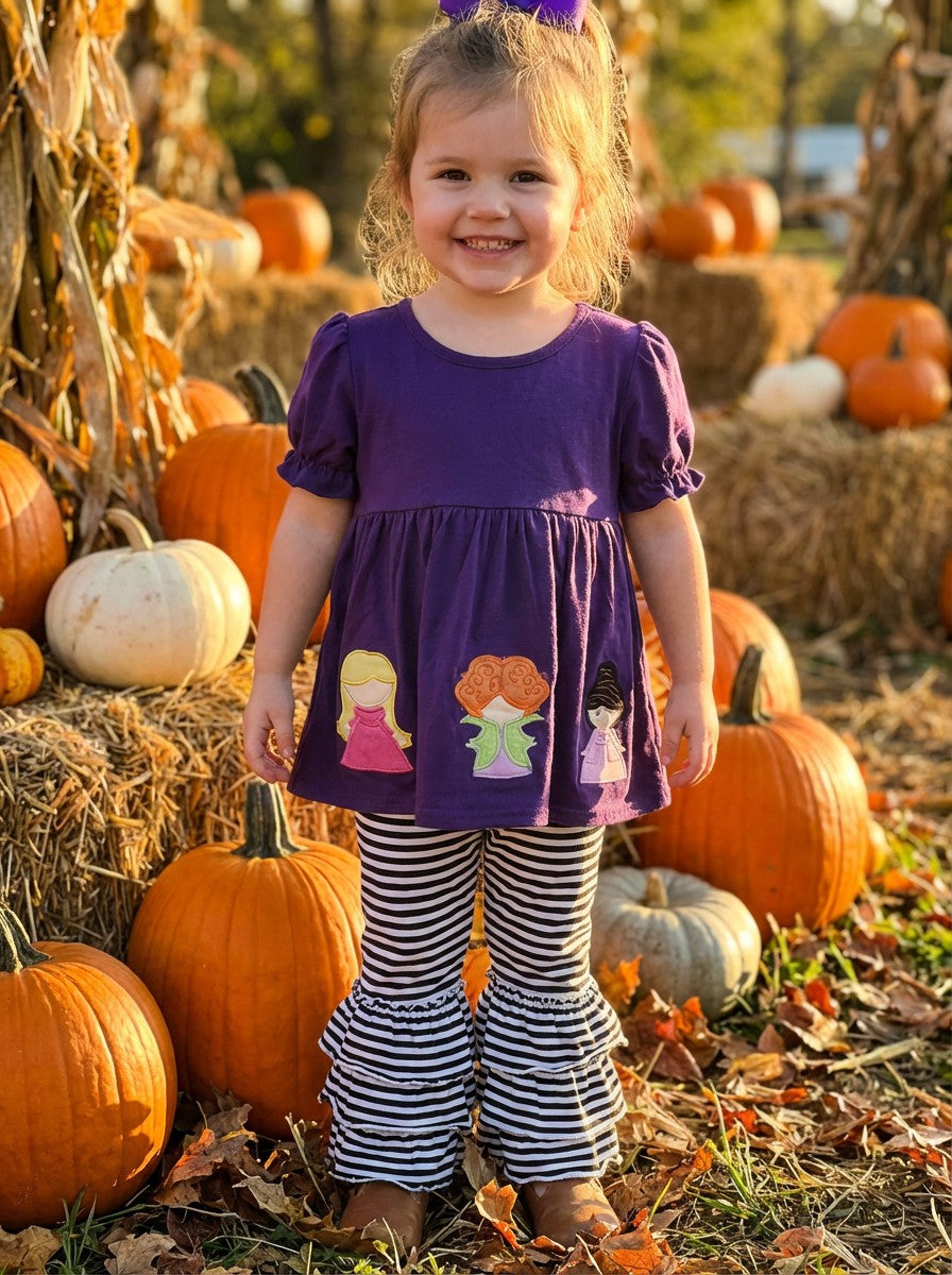 Abby & Evie Hocus Pocus 2pc Outfit With Stripped Ruffle Pants