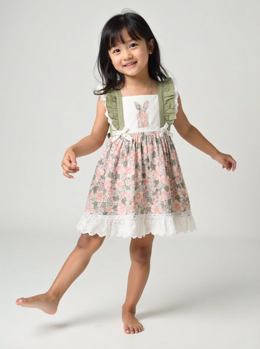 Marie Nicole Embroidered Floral Bunny Ruffle Dress Sz 4T