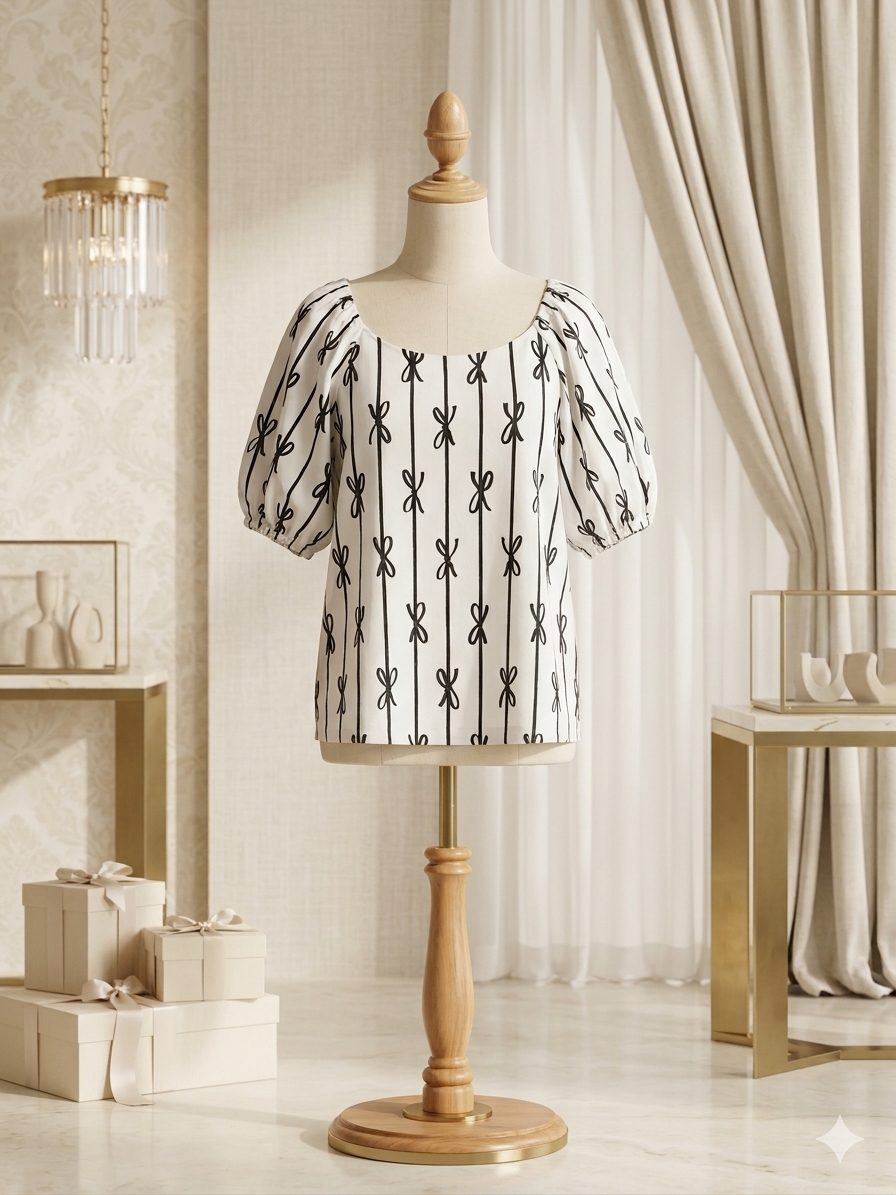 Wholesalesir Off White & Black Bubble Sleeve Blouse