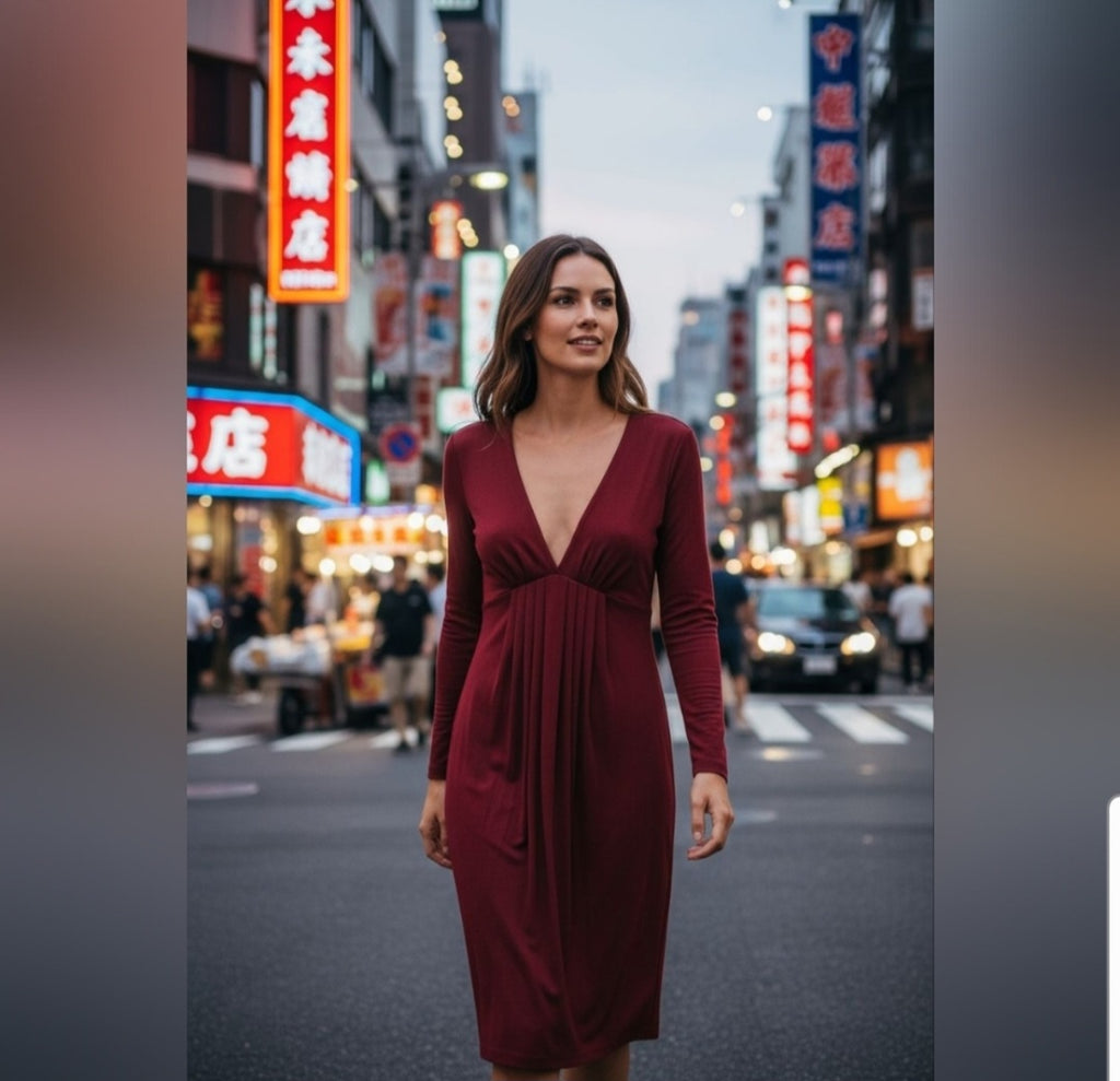 Victoria's Secret Moda Elegant Burgundy V-Neck Dress Sz Sm
