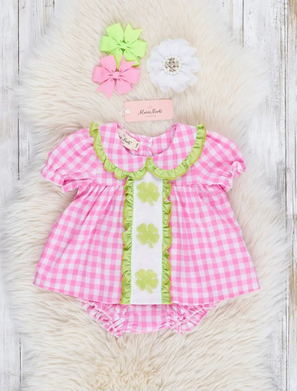 Marie Nicole Magenta & Lime Embroidered Shamrocks Ruffle Bloomers Set Sz 12-18M