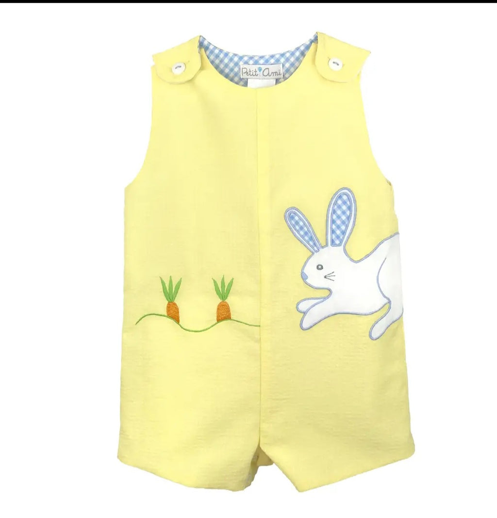 Petit Ami Yellow Sunsuit With Bunny and Carrot Appliques