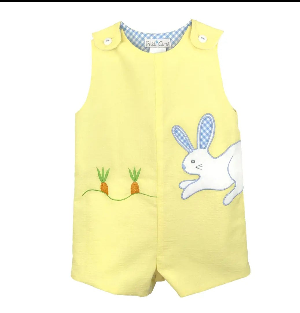 Petit Ami Yellow Sunsuit With Bunny and Carrot Appliques