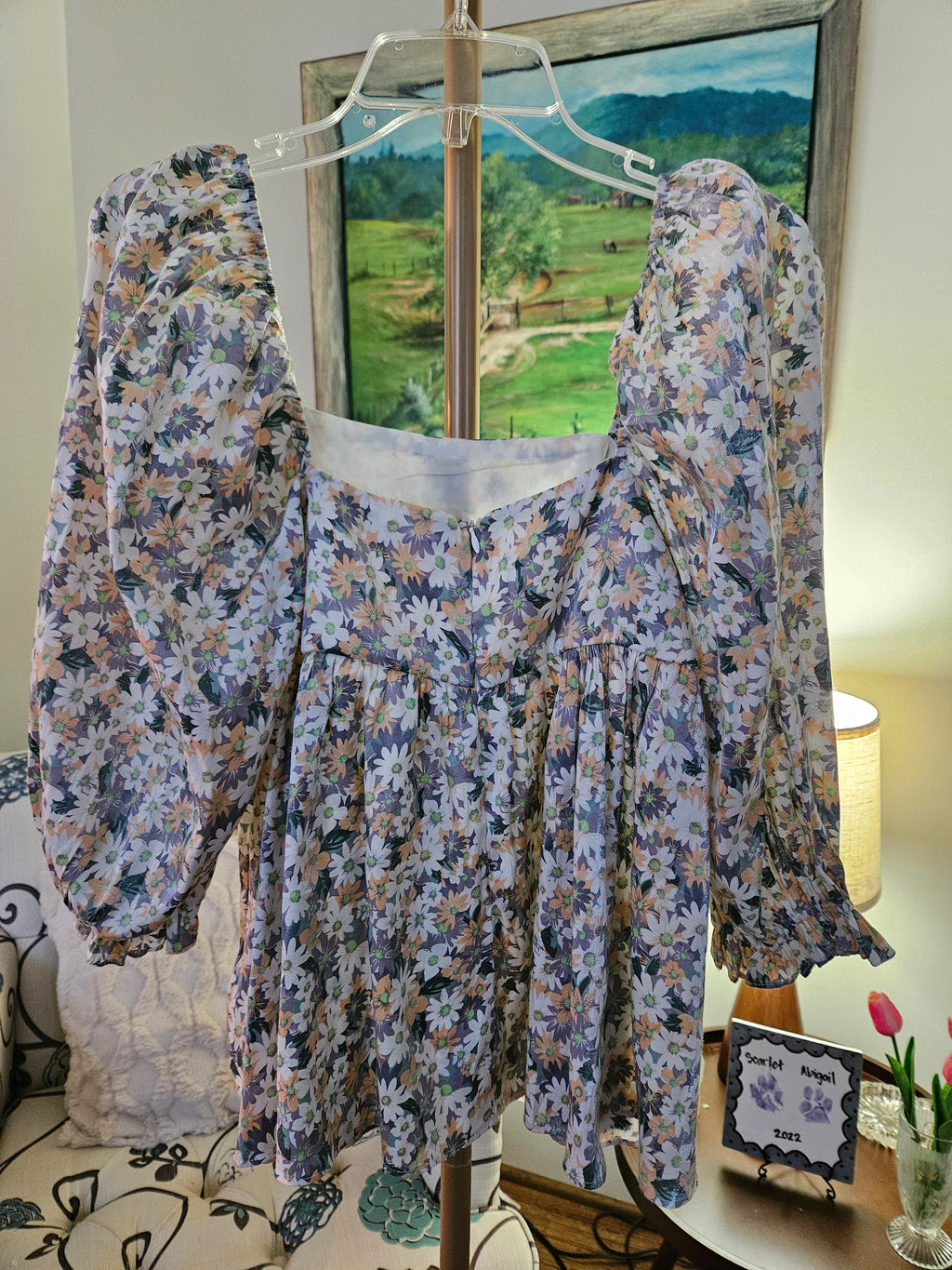 Storia Floral Blouse with Puff Sleeves & Shimmer Accent Sz Sm