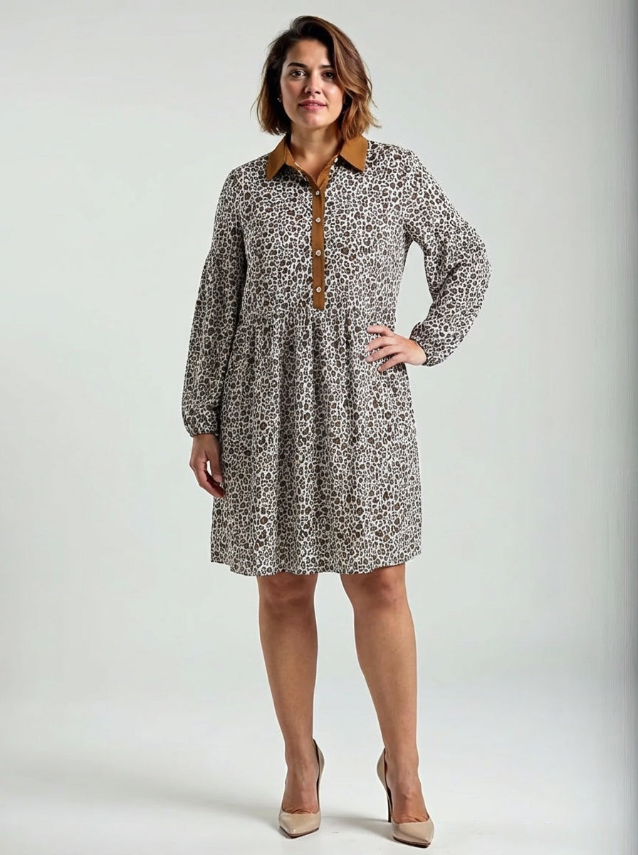 Lovesoft Khaki Button Vneck Leopard Print Puff Sleeve Loose Mini Dress Sz 1X