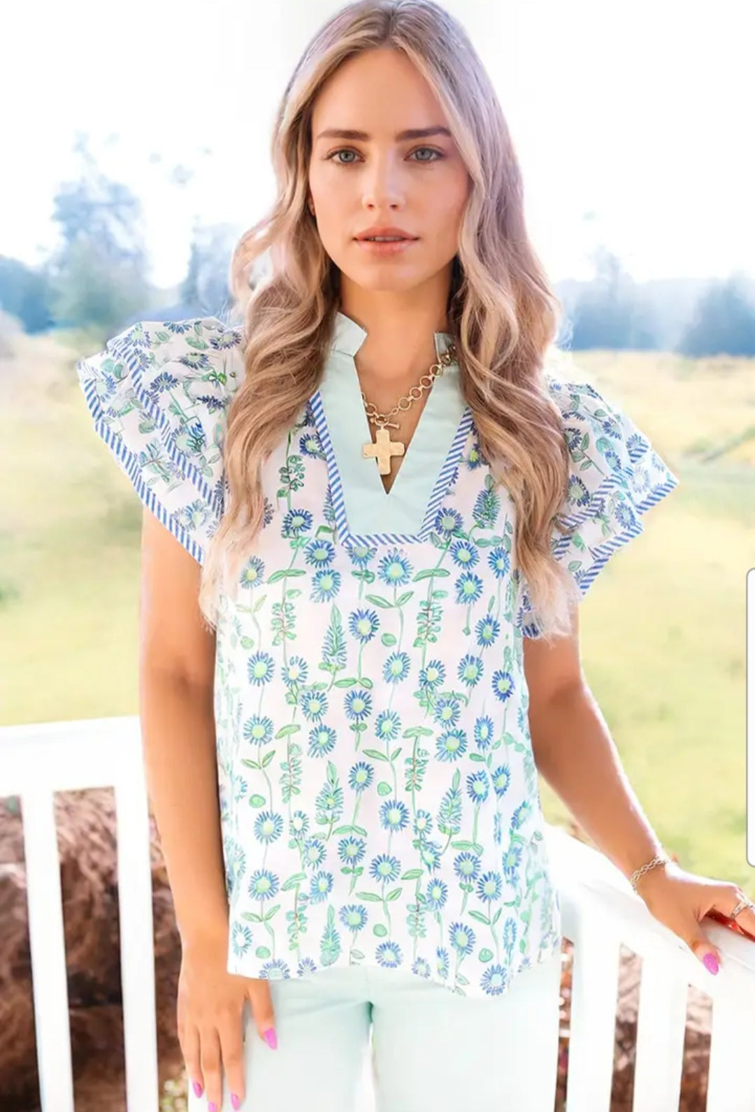 Lovesoft Green Floral Print Patchwork Flutter Sleeve Blouse