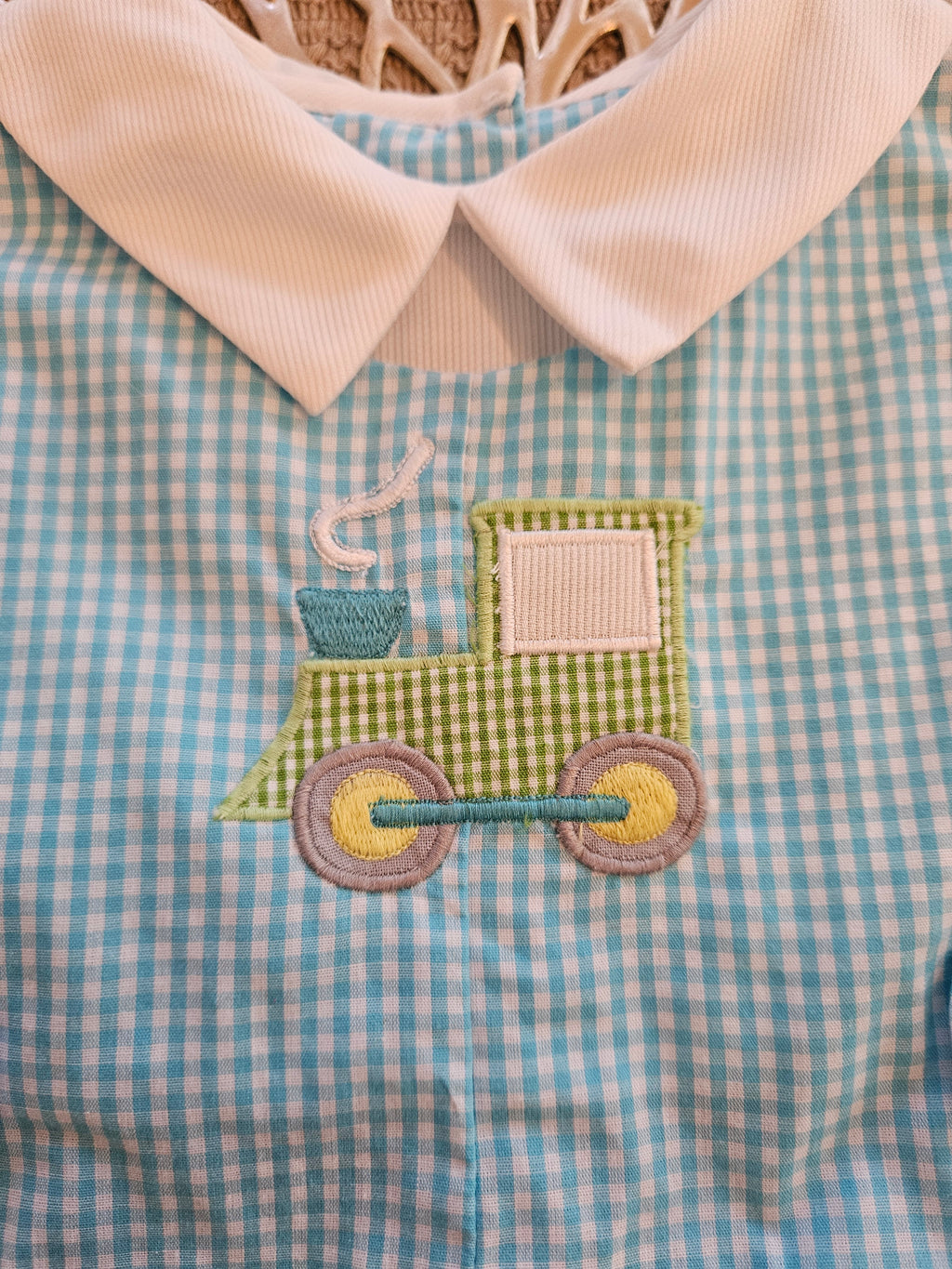 Petit Ami Blue Gingham Tractor Romper Sz 3M