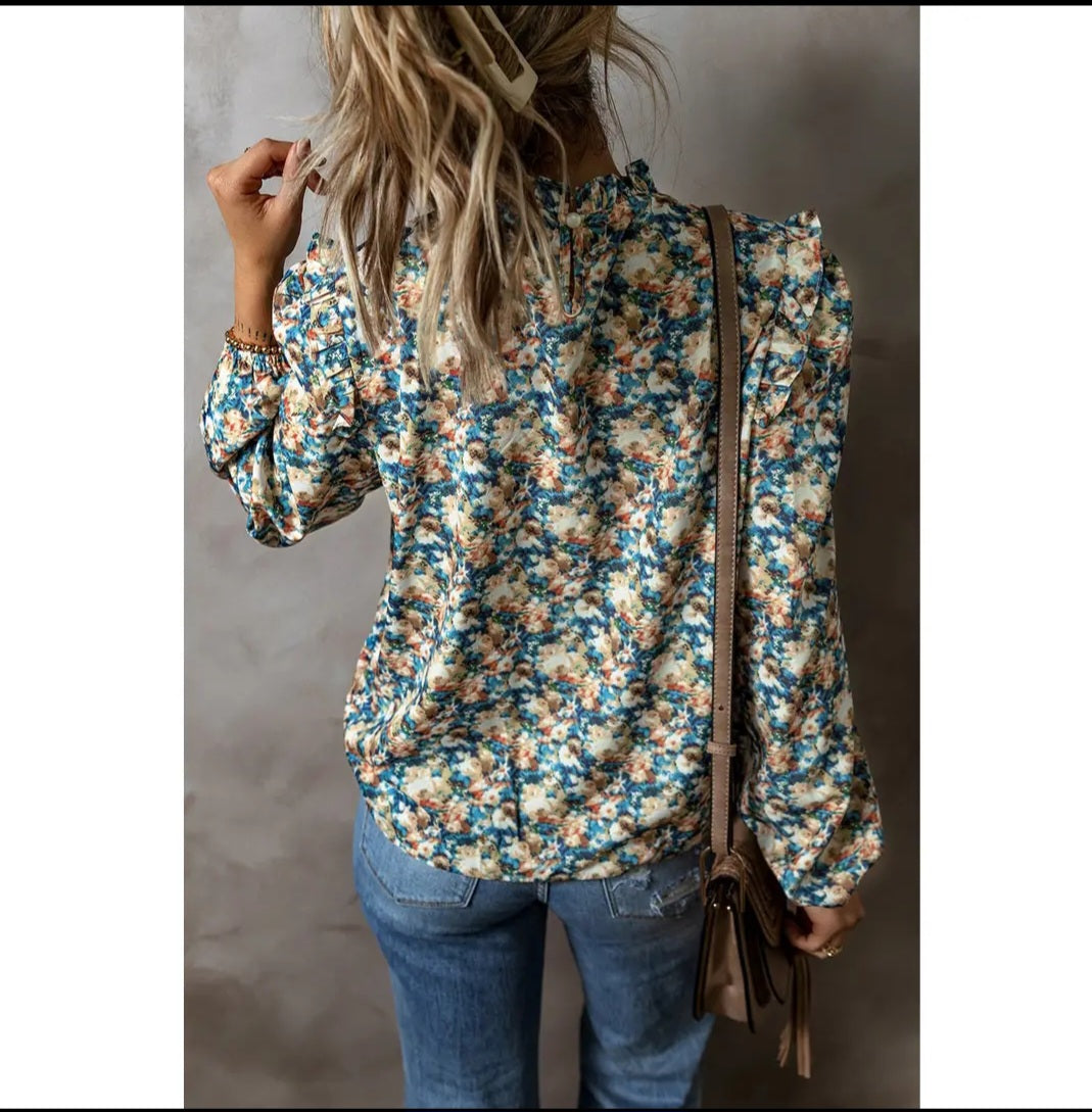 Lovesoft Floral Print Frilled Mock Neck Puff Sleeve Blouse Sz Med