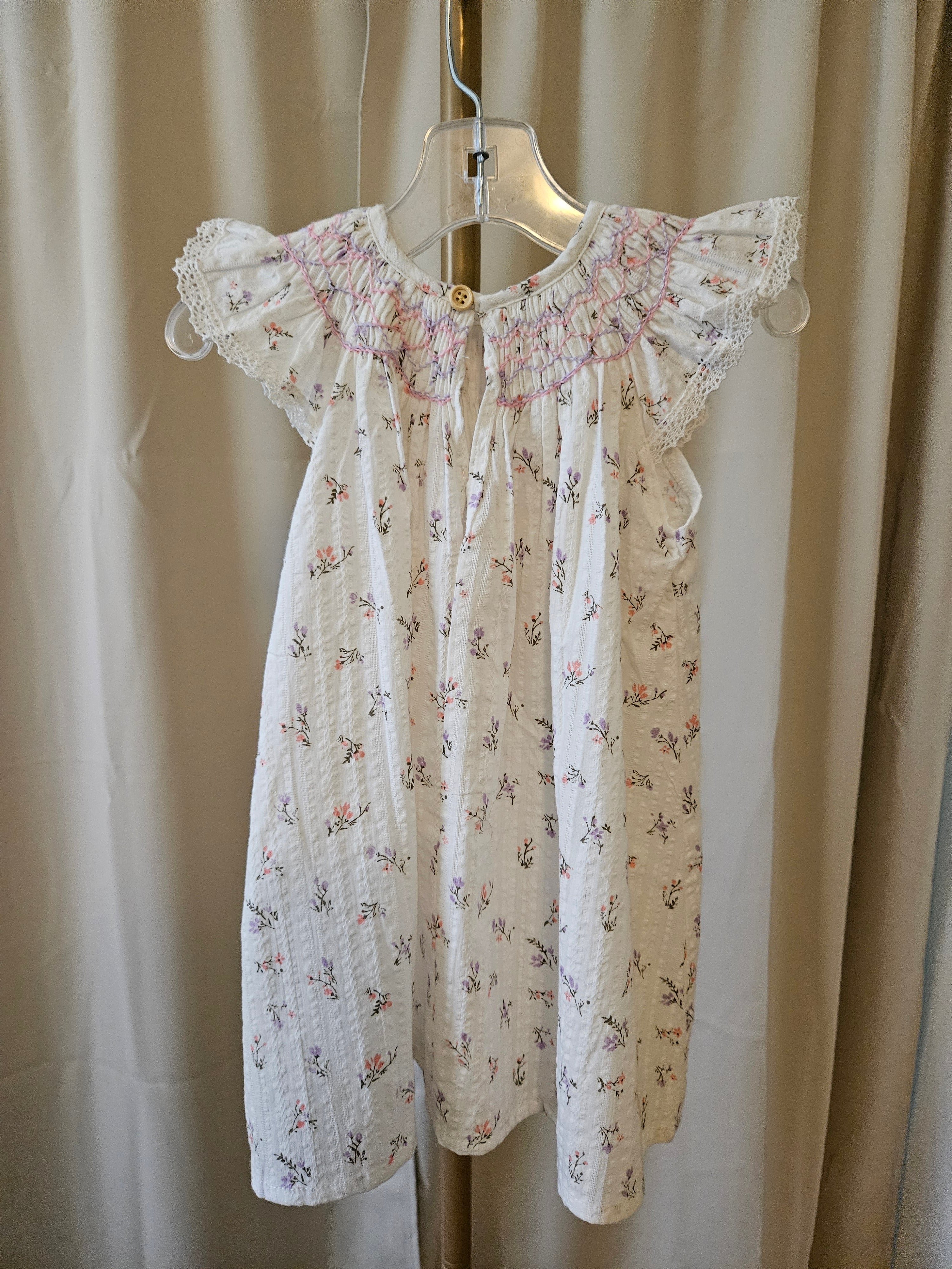 Floral Smocked Flutter Sleeve Dress with Lace Detail 12–18M