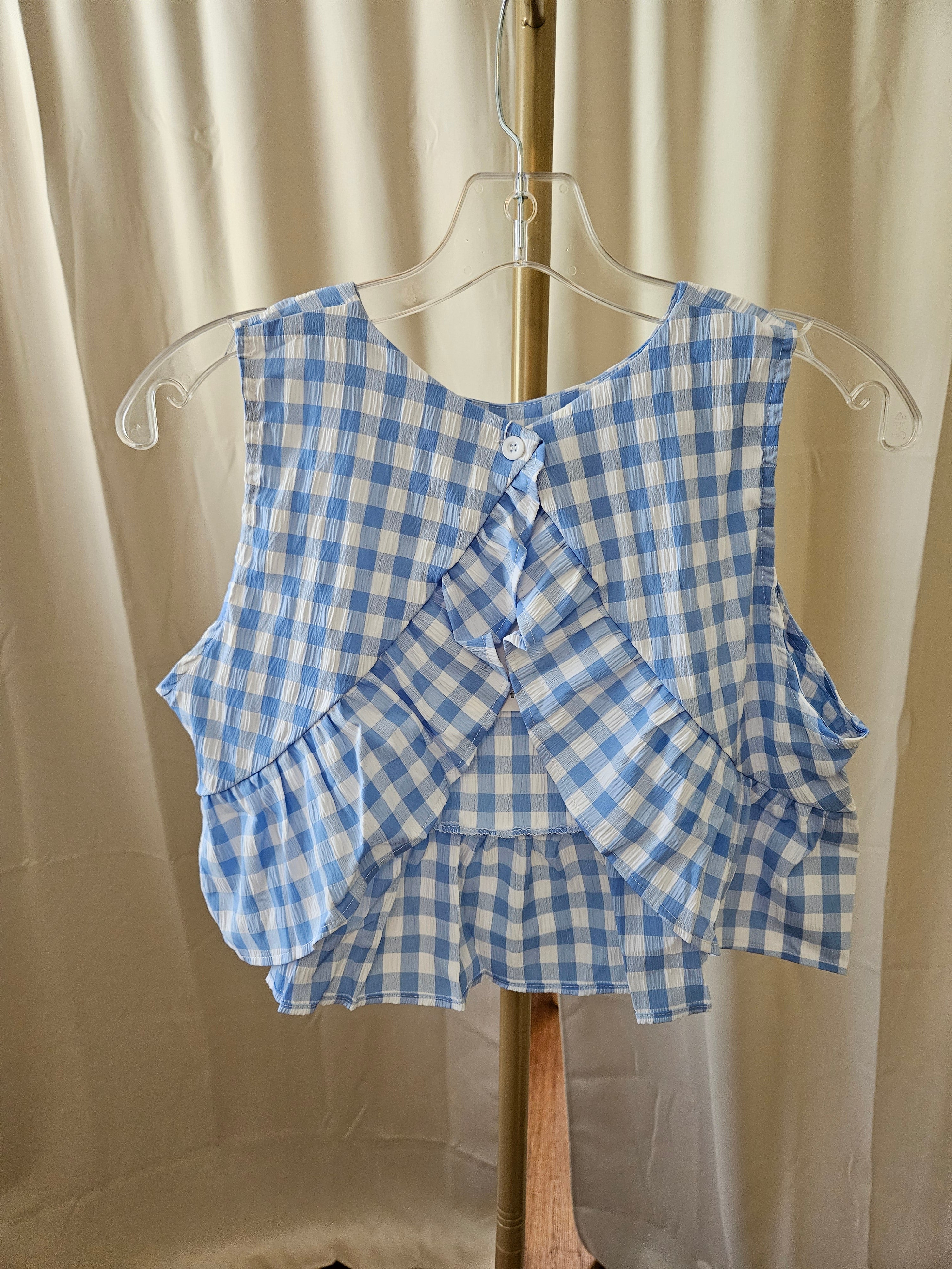 Blue & White Gingham 2-Piece Set | Open Back Top & Wide Leg Pants
