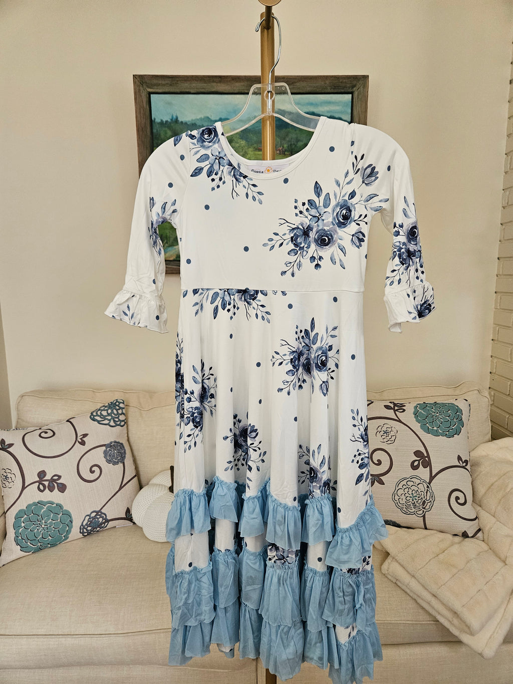 Oopsie Daisy Blue Floral Long Ruffle Dress