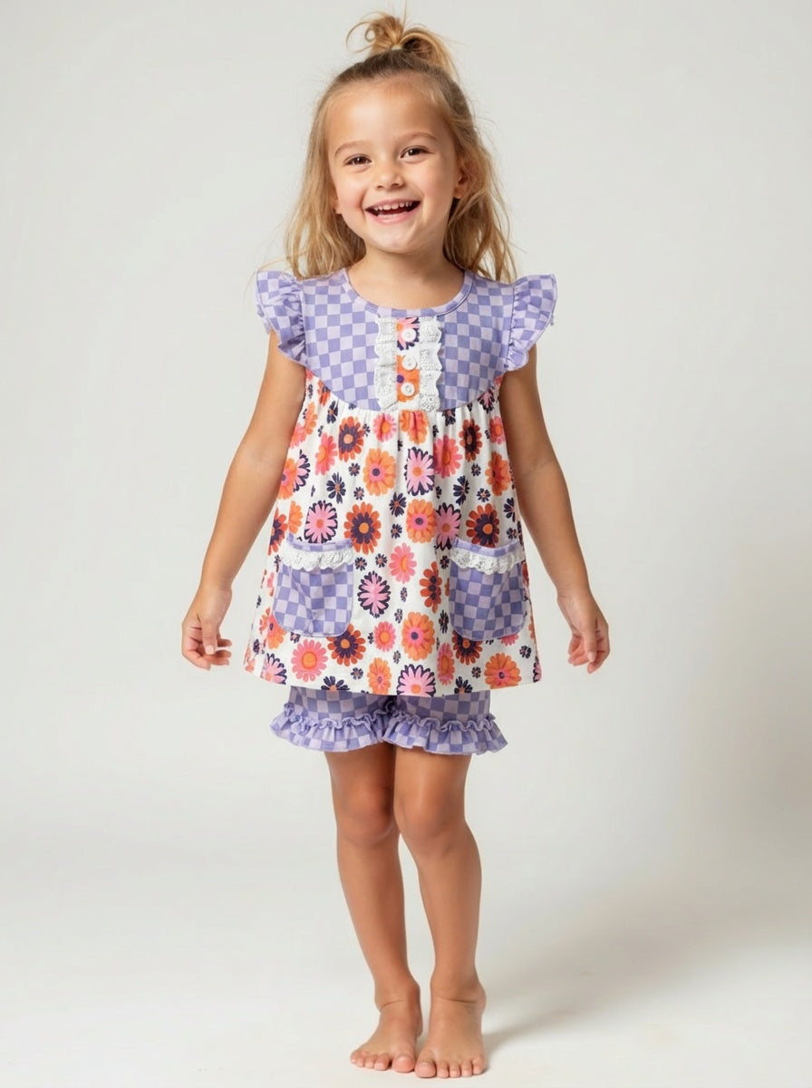 Adorable Sweetness Purple Check Flower Power Shorts Set