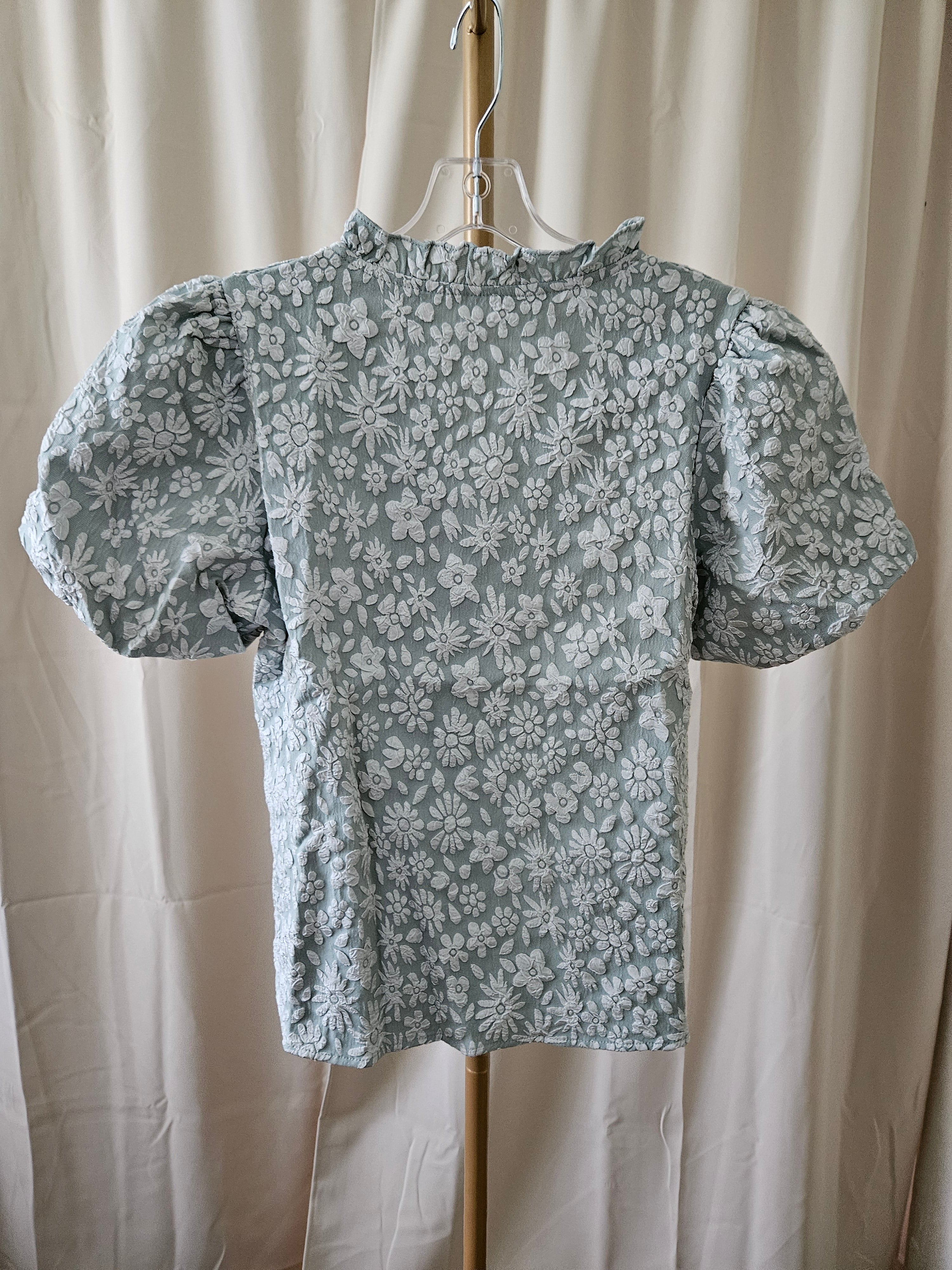 Lovesoft Sage & Silver Textured Puff Sleeve V-Neck Top