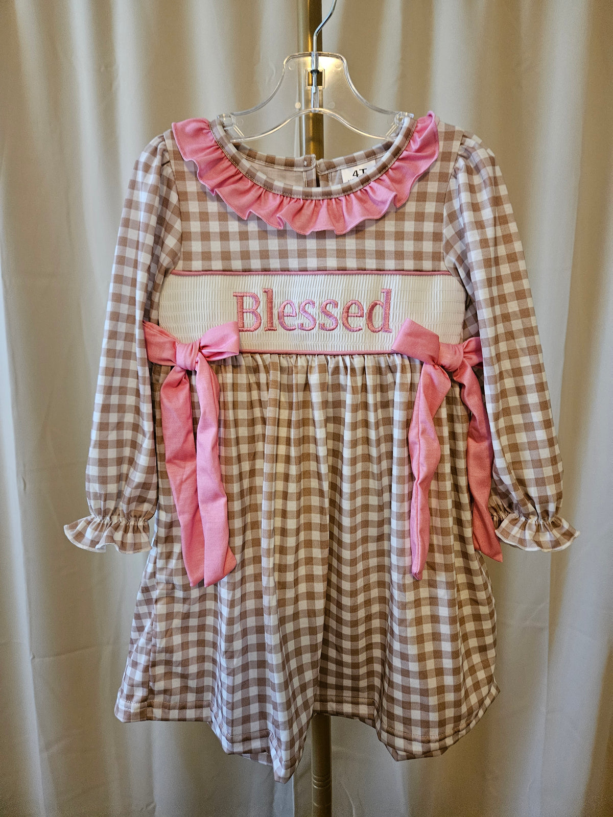 Custom Made Brown and White Gingham Blessed Dress Size 4T