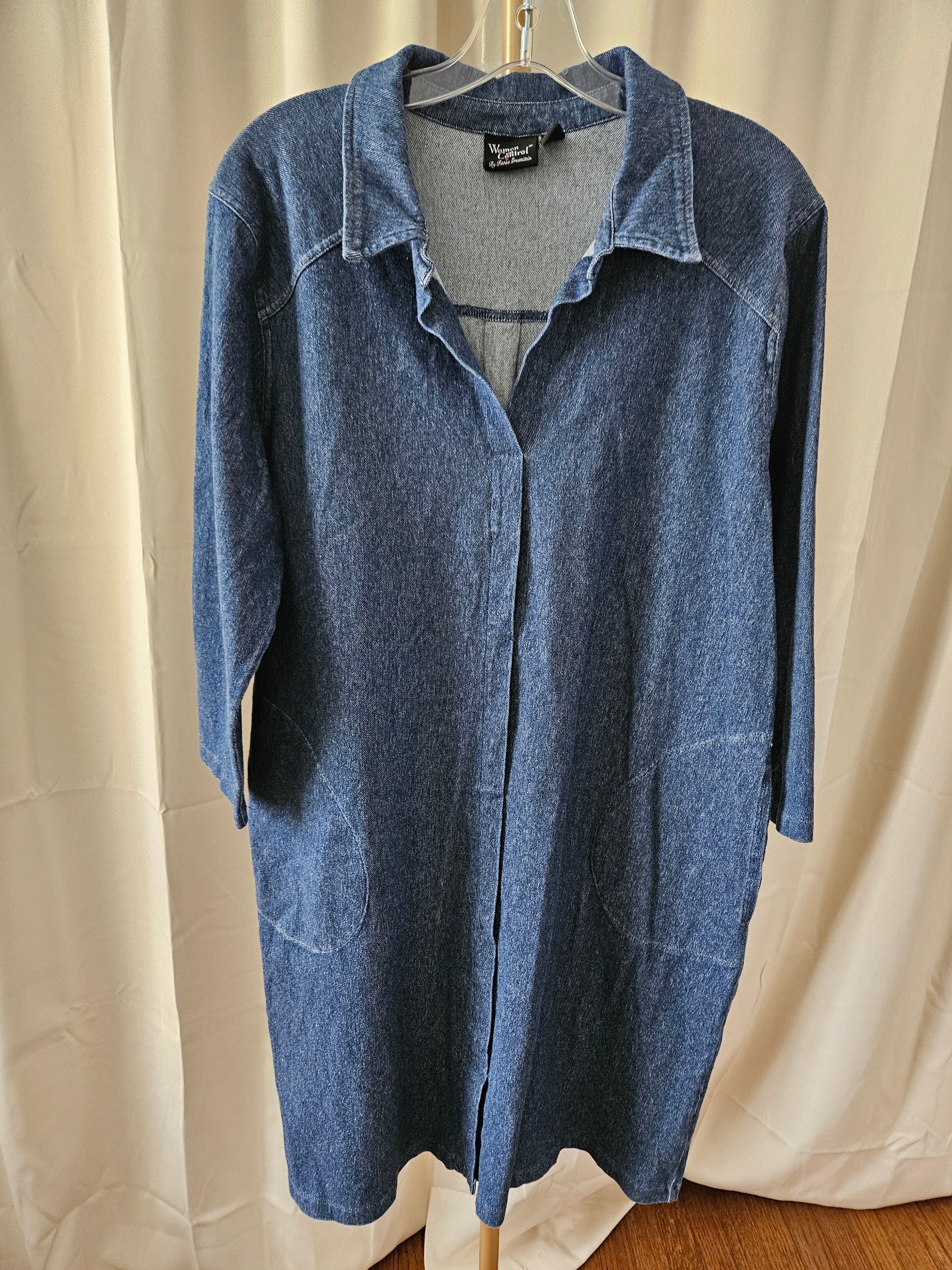 Women with Control Denim Long Sleeve Dress with Pockets – Large
